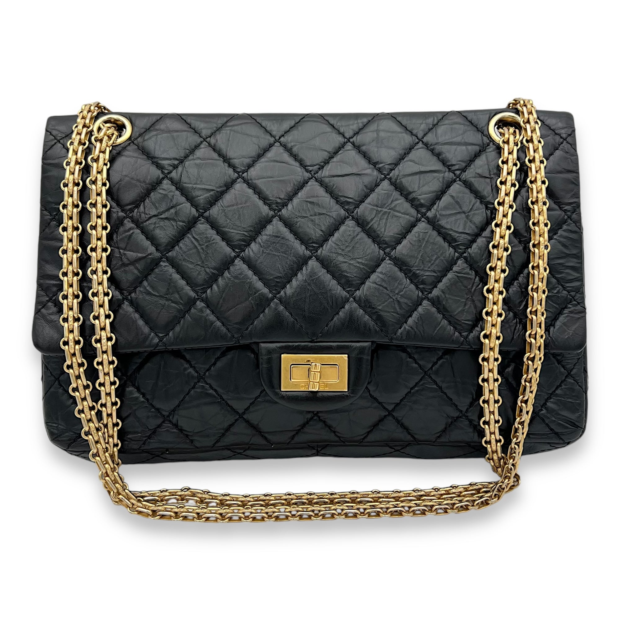 2.55 226 Medium Black Shoulder Bag in Calfskin, Gold hardware