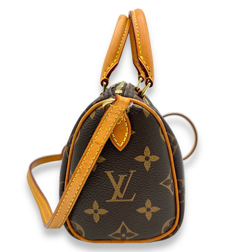 Speedy Bandouliere Nano Brown Top Handle Bag in Monogram Coated Canvas, Gold hardware