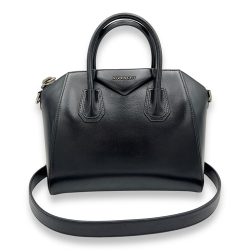 Antigona Small Black Top Handle Bag in Calfskin, Silver hardware