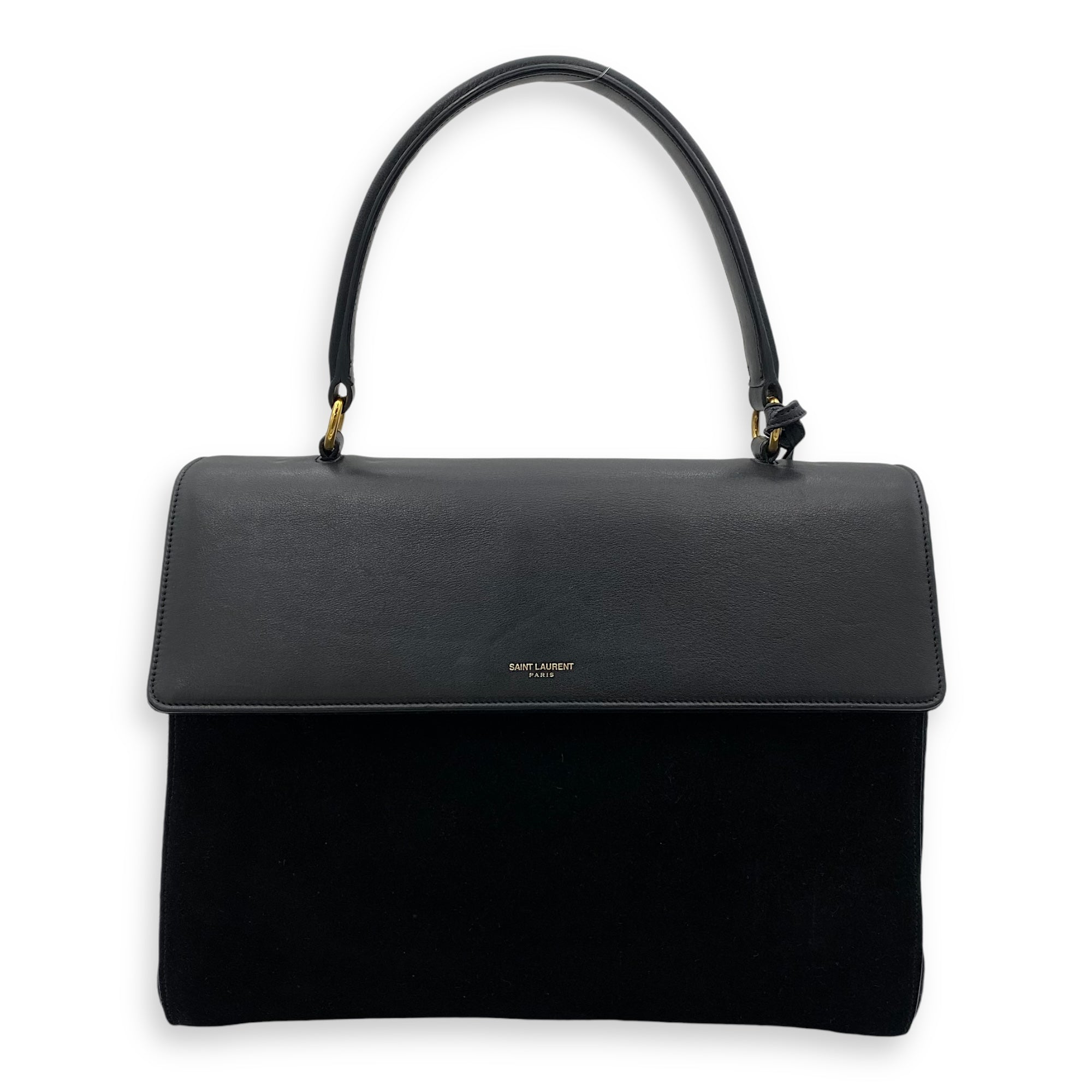 Moujik Top Handle Bag Black in Suede Leather, Gold hardware