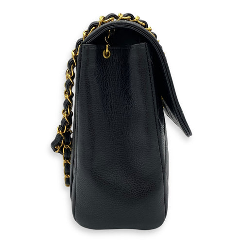 Vintage Square Flap Black Crossbody Bag in Caviar Leather, Gold hardware