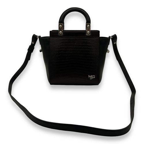 HDG Mini Black Top Handle Bag in Lizard Embossed Calfskin, Silver hardware