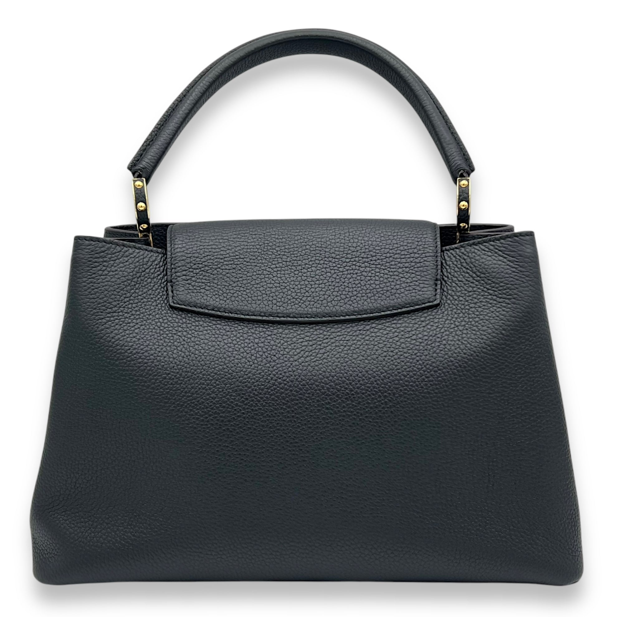 Capucines Medium Black Top Handle Bag in Calfskin, Gold hardware