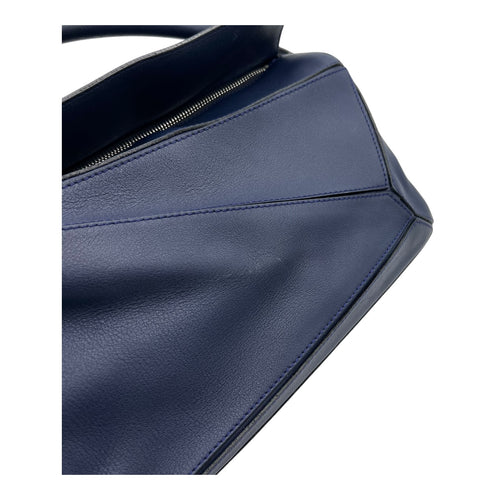 Puzzle Medium Blue Top Handle Bag in Calfskin, Silver hardware