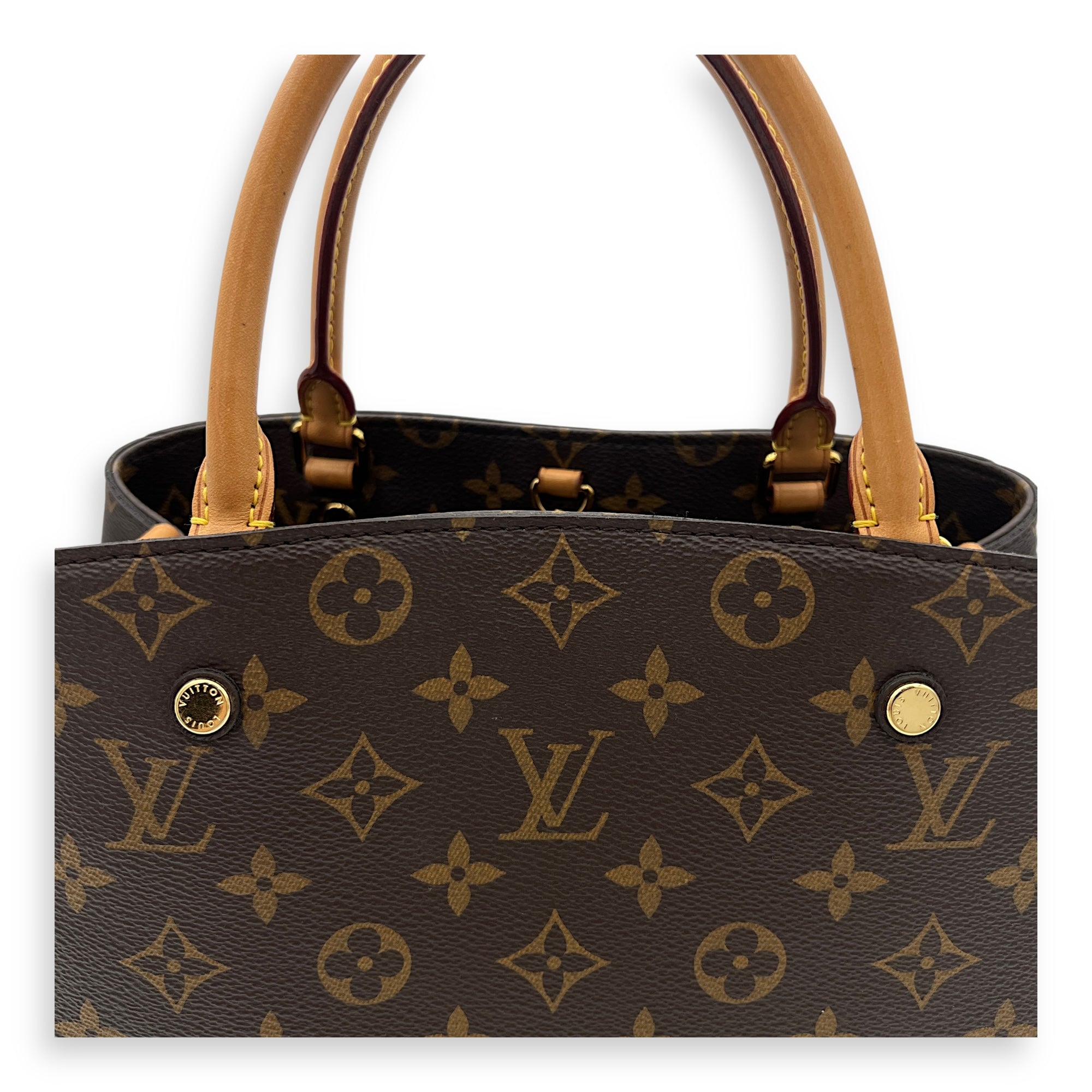 Montaigne Top Handle Bag Brown in Monogram Coated Canvas, Gold hardware