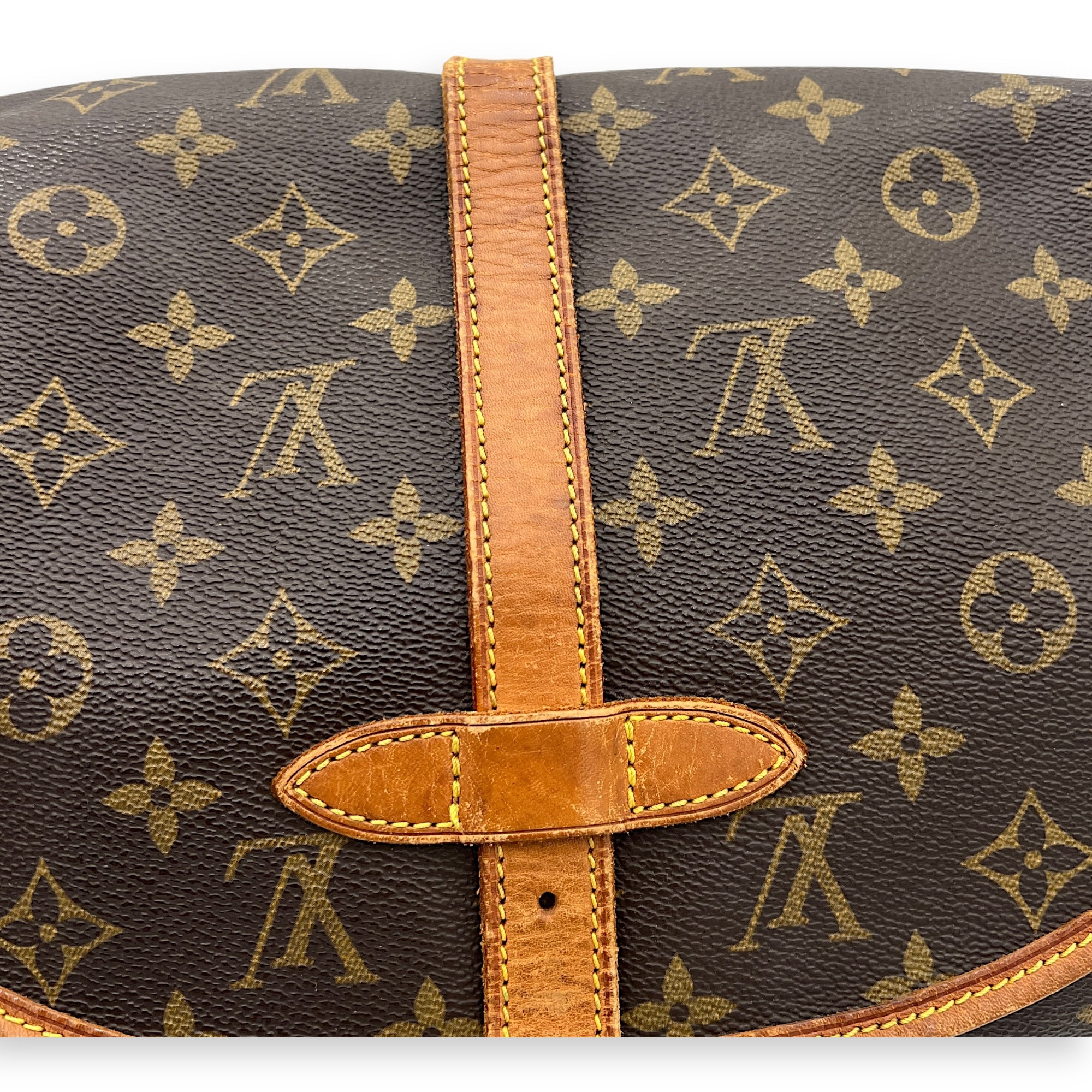 Saumur Crossbody Bag Brown in Monogram Coated Canvas, Gold hardware