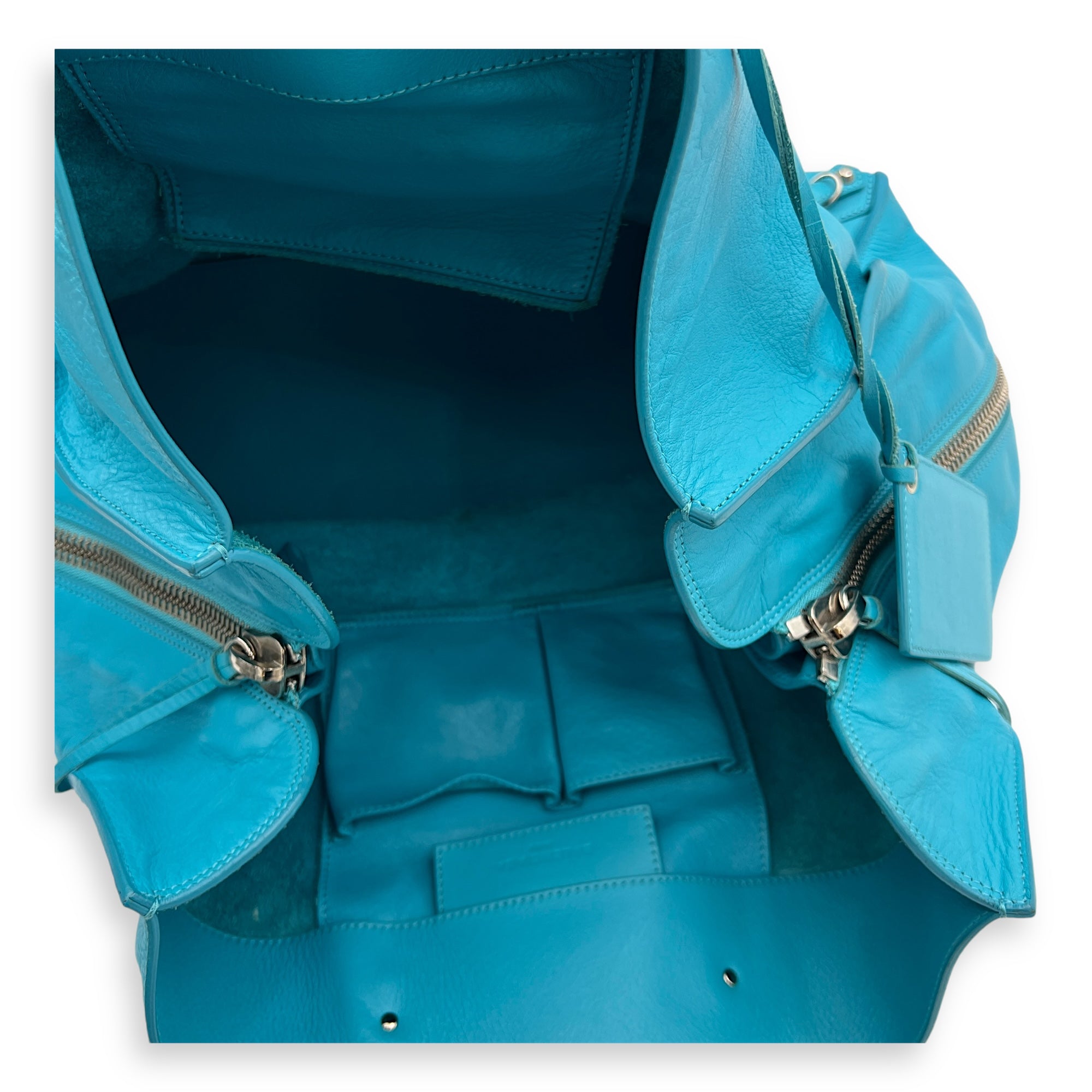 Papier Top Handle Bag Large Blue in Calfskin, Silver hardware