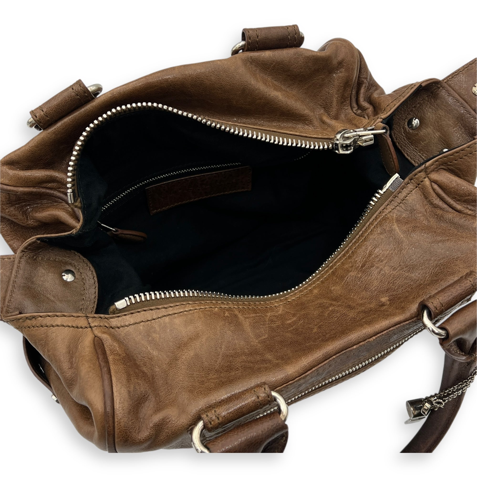 Whistle Brown Top Handle Bag in Goat Leather, Silver hardware