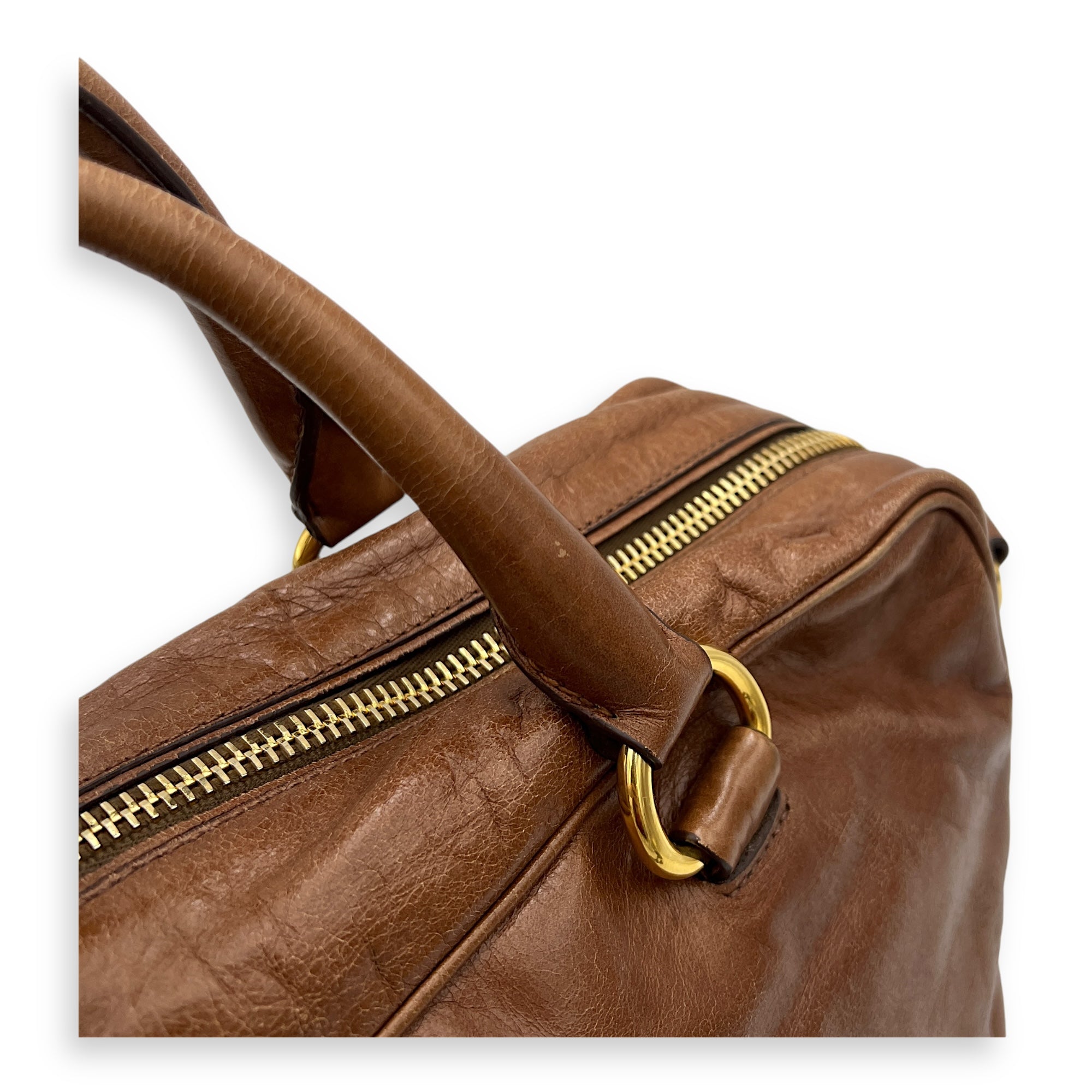 Boston Top Handle Bag Brown in Calfskin, Gold hardware