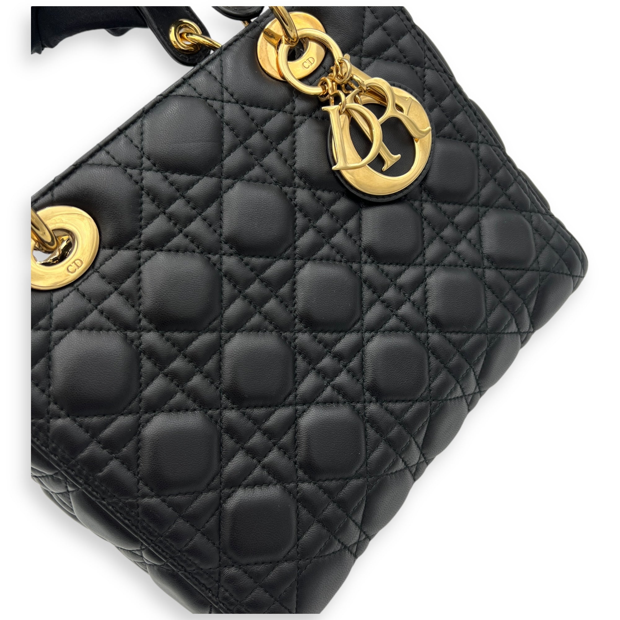 Lady Dior Medium Black Top Handle Bag in Lambskin, Gold hardware