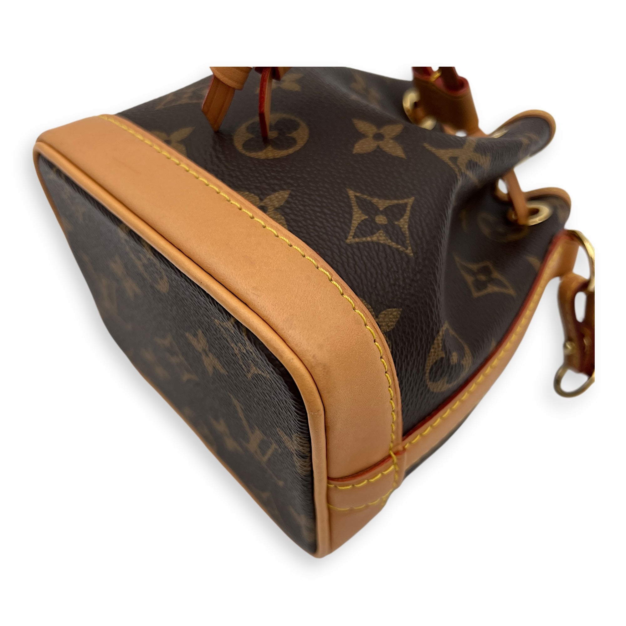 Noe Nano Brown Bucket Bag in Monogram Coated Canvas, Gold hardware