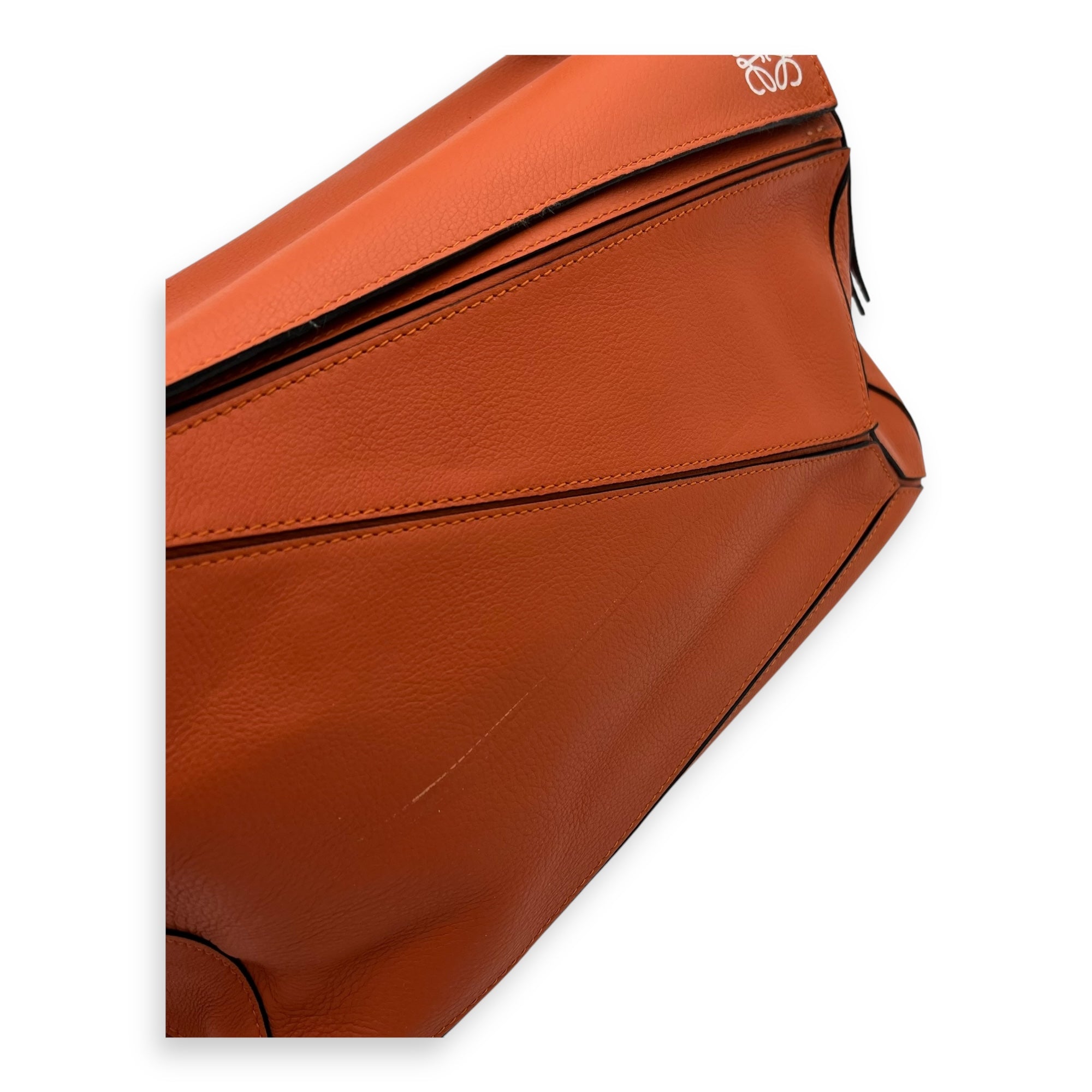 Puzzle Medium Orange Top Handle Bag in Calfskin, Silver hardware