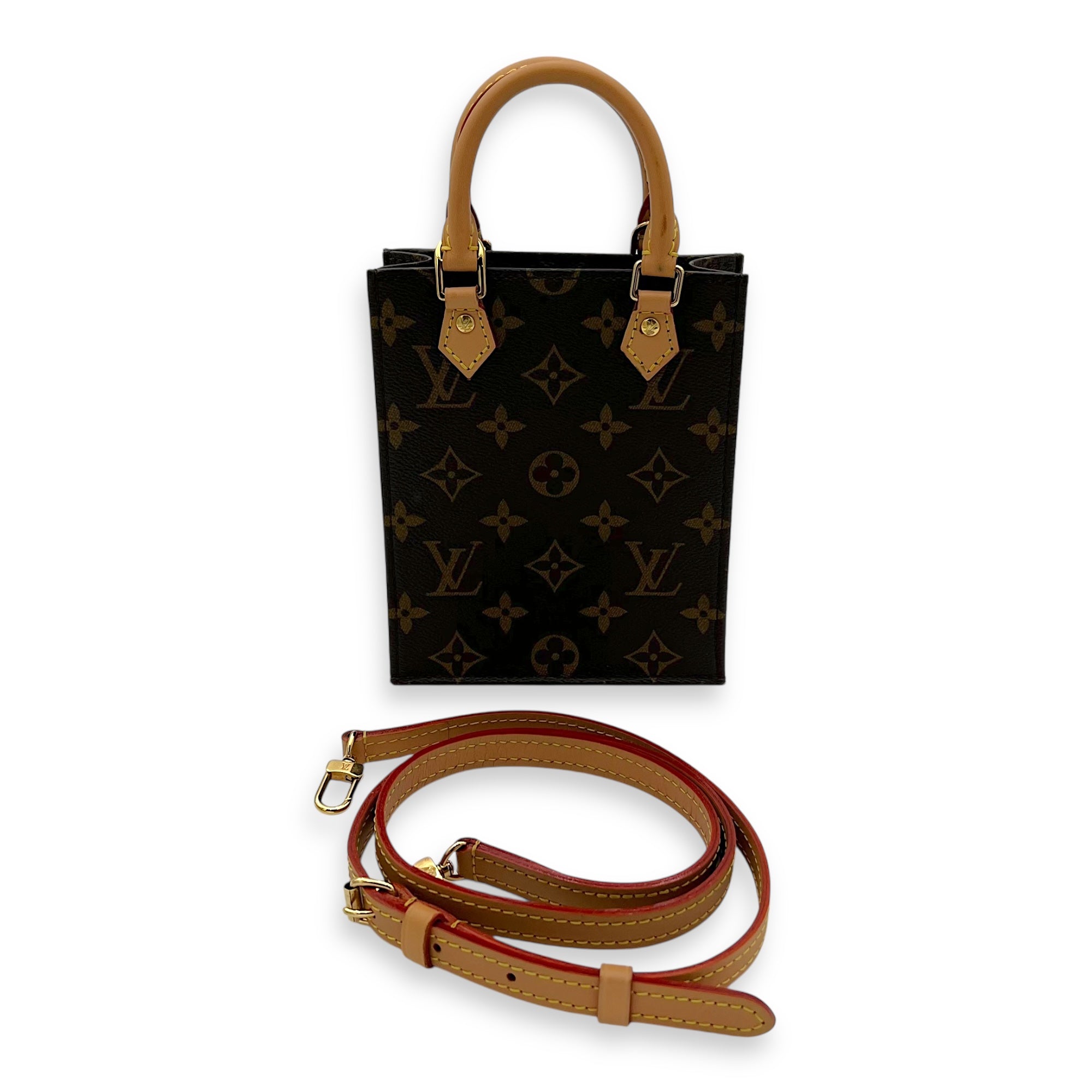 Sac Plat Mini Brown Top Handle Bag in Monogram Coated Canvas, Gold hardware