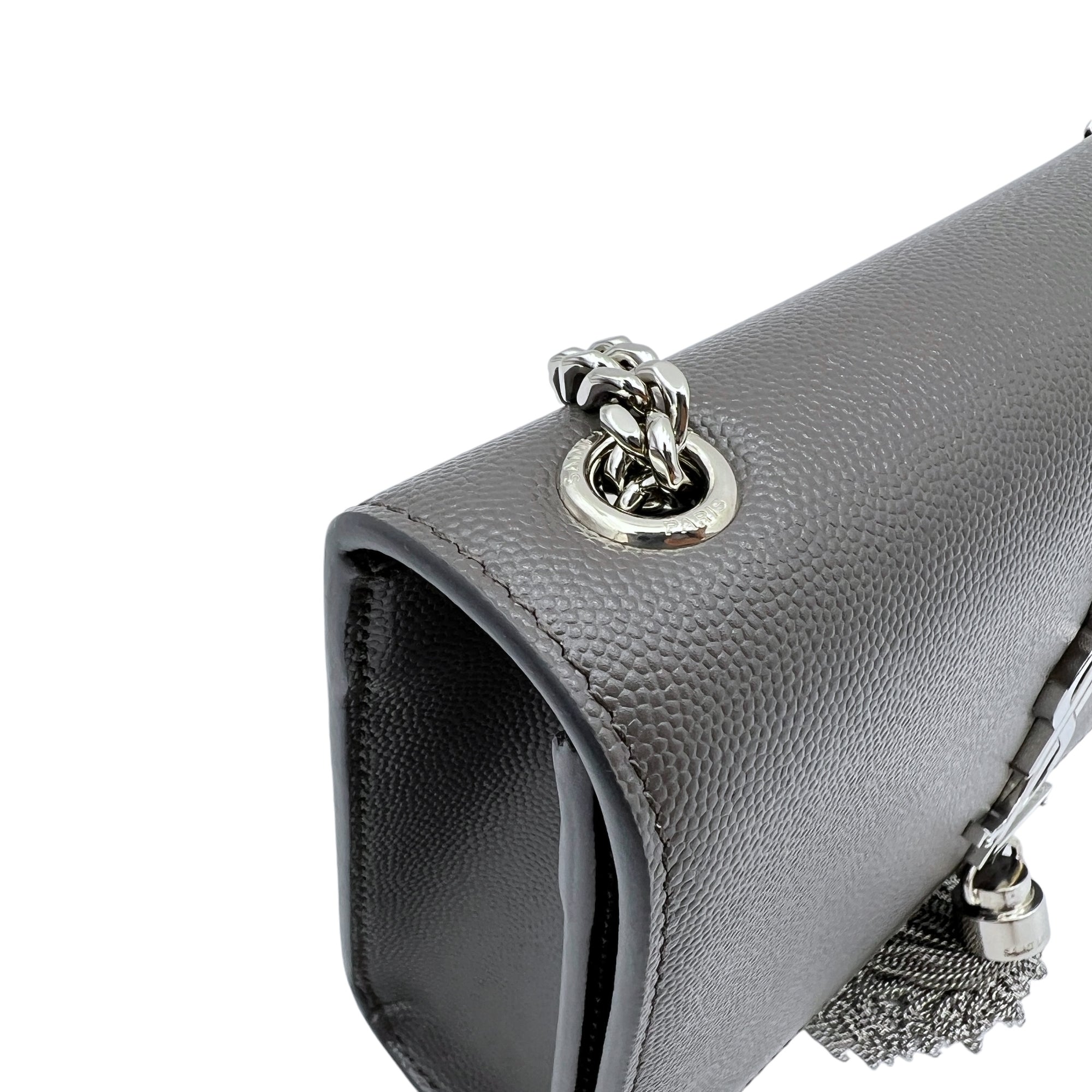 Saint Laurent Kate Small Grey Crossbody Bag in Caviar Leather, Silver hardware_9