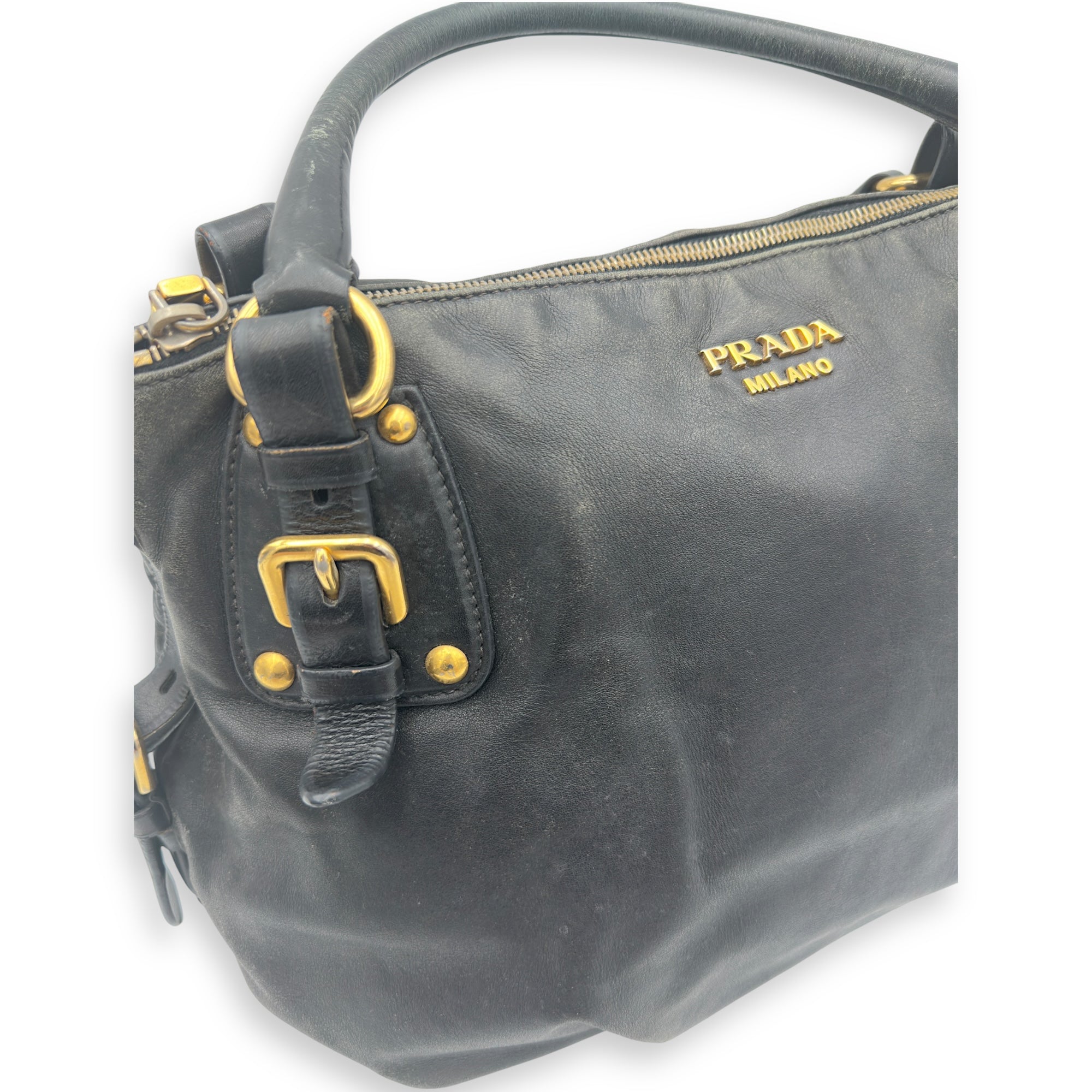 Prada Logo Top Handle Bag Black in Calfskin, Gold hardware_9