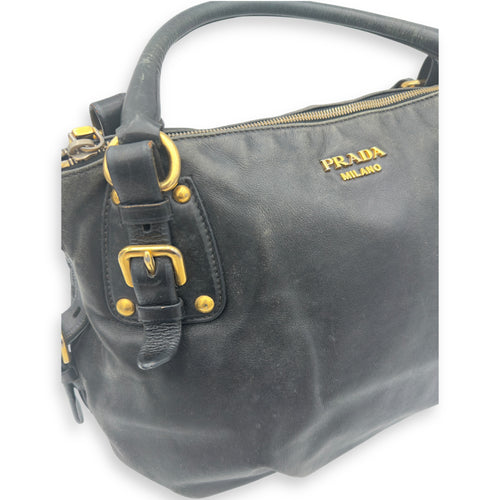 Prada Logo Top Handle Bag Black in Calfskin, Gold hardware_9