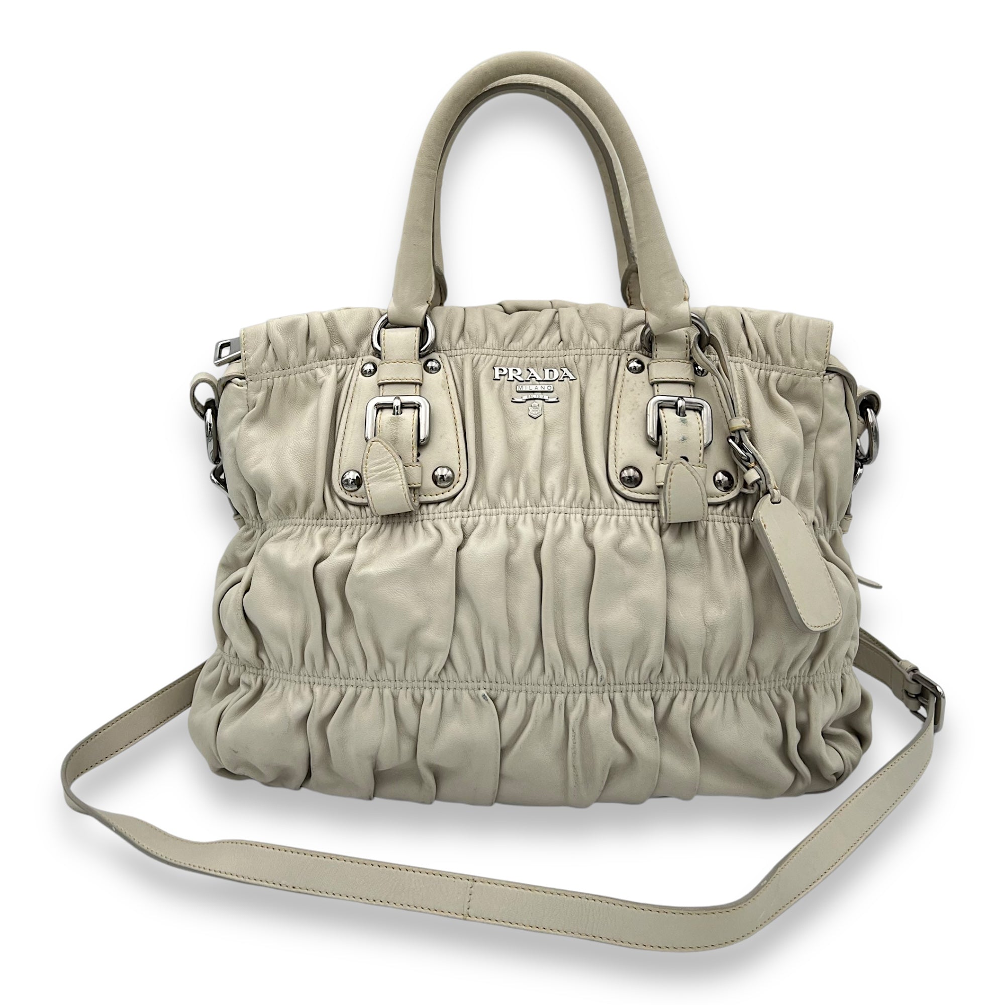 Prada Gaufre Beige Top Handle Bag in Lambskin, Silver hardware_9