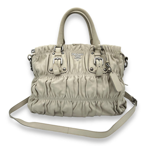 Prada Gaufre Beige Top Handle Bag in Lambskin, Silver hardware_9