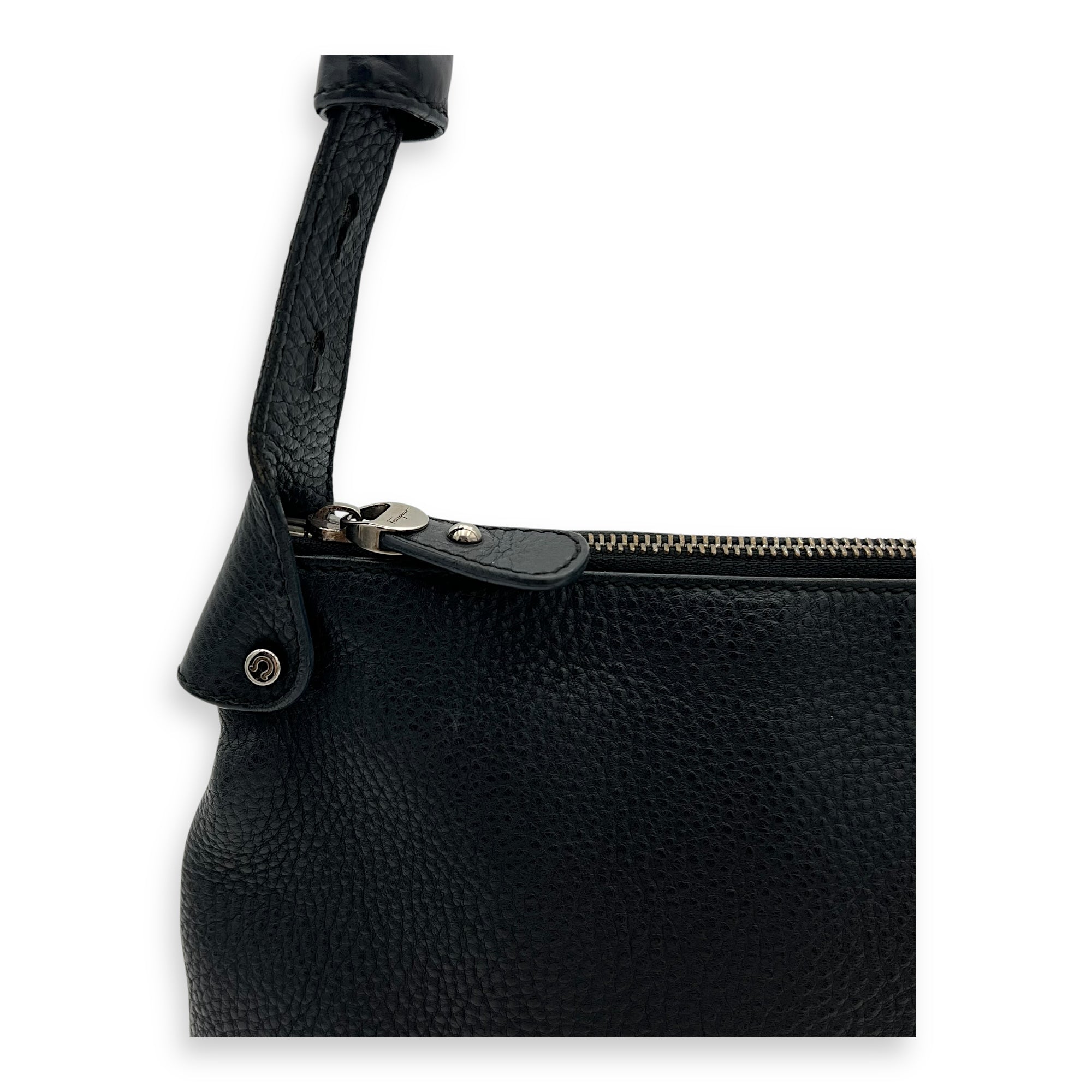 Salvatore Ferragamo Gancini Black Shoulder Bag in Calfskin, Silver hardware_8