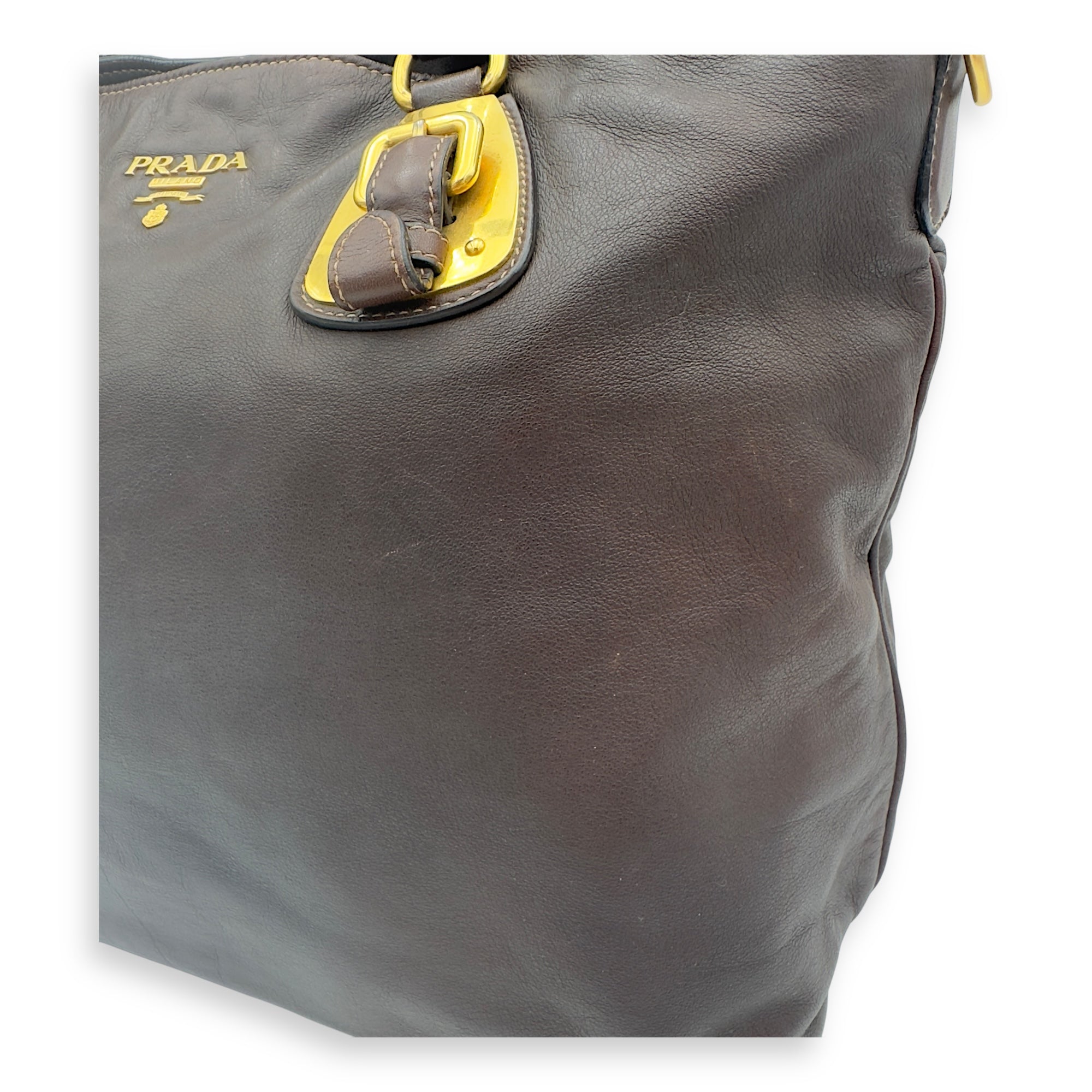 Prada Logo Brown Top Handle Bag in Calfskin, Gold hardware_13