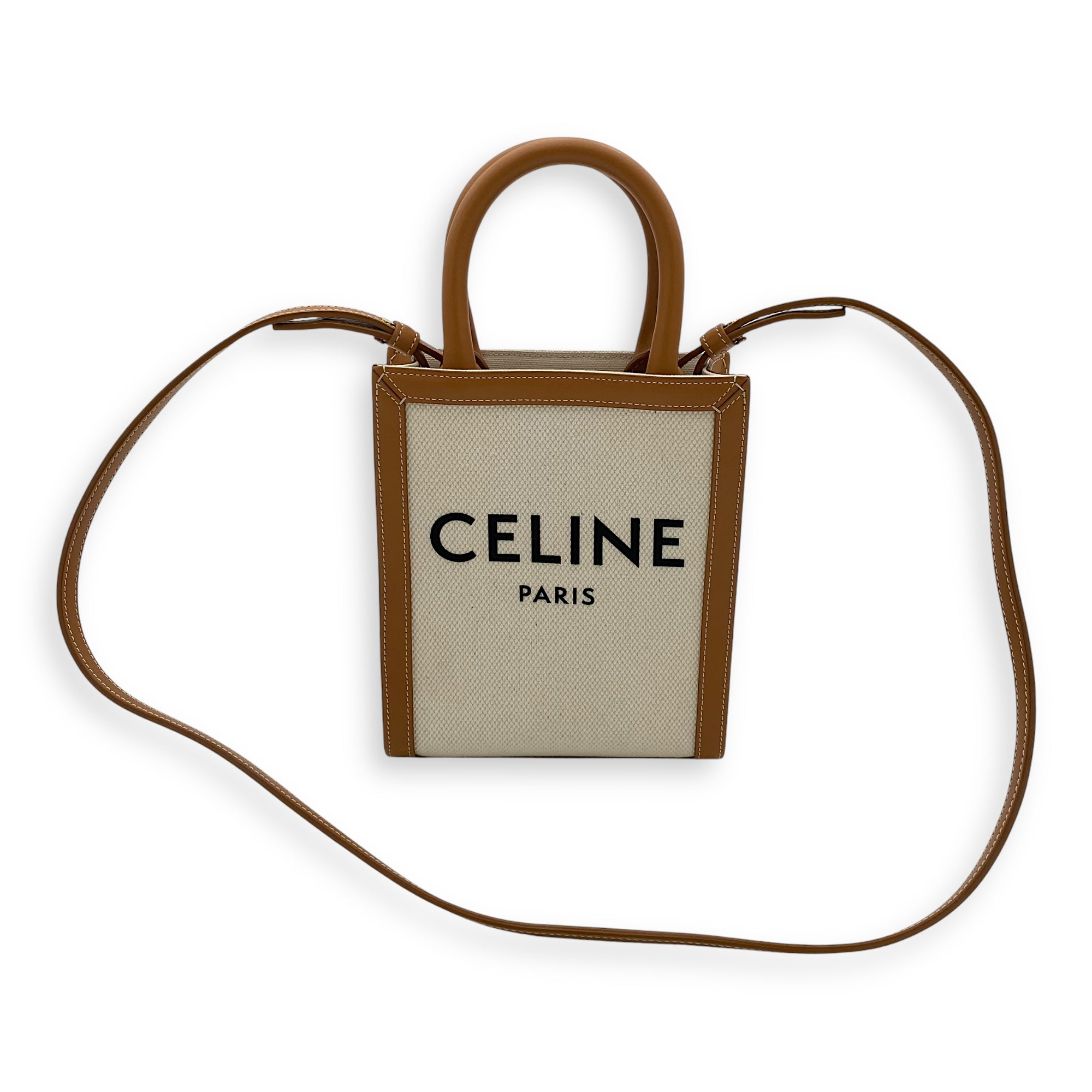 Celine Vertical Mini Brown Top Handle Bag in Canvas, Gold hardware_10