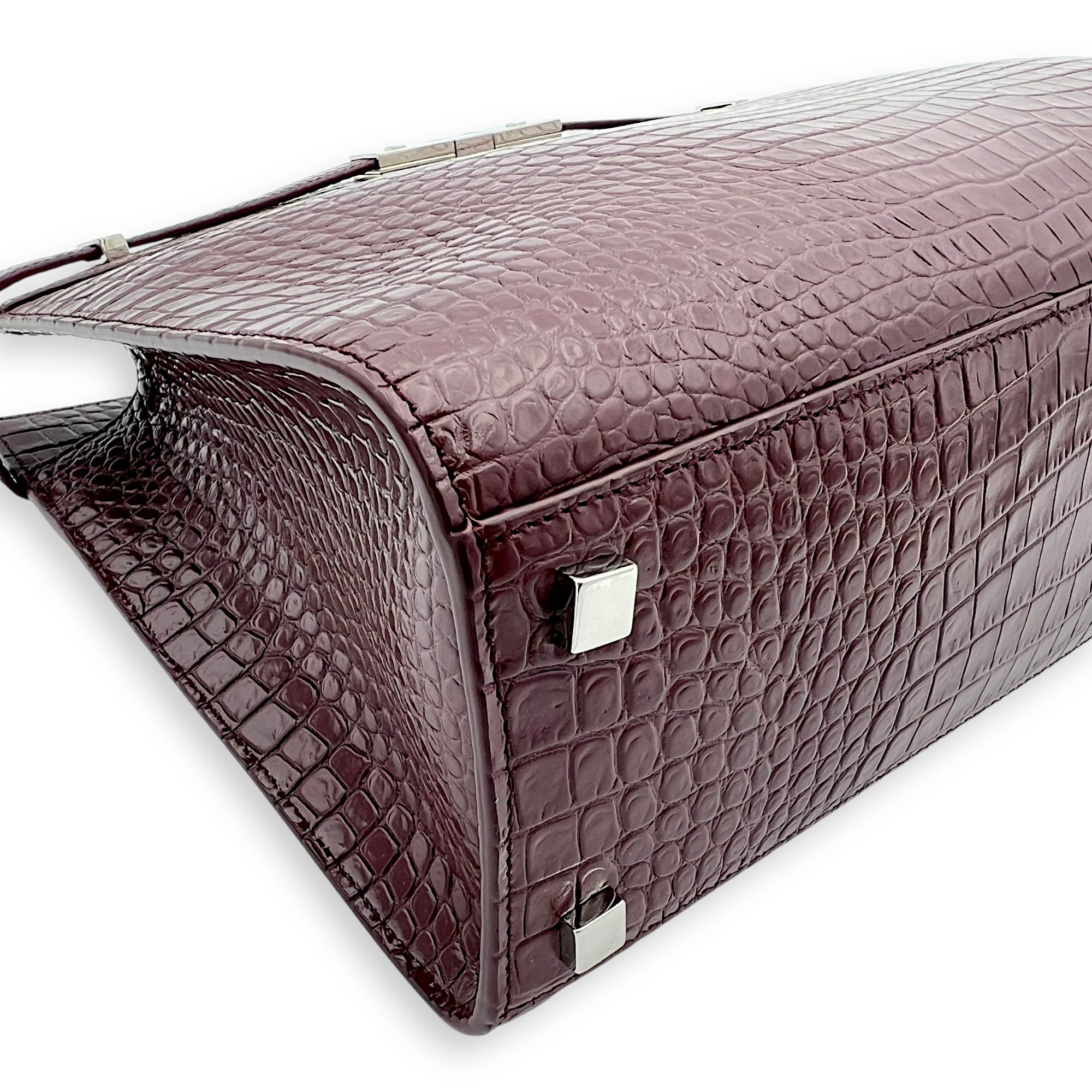 Saint Laurent Manhattan Top Handle Bag Red in Crocodile Embossed Calfskin, Silver hardware_9