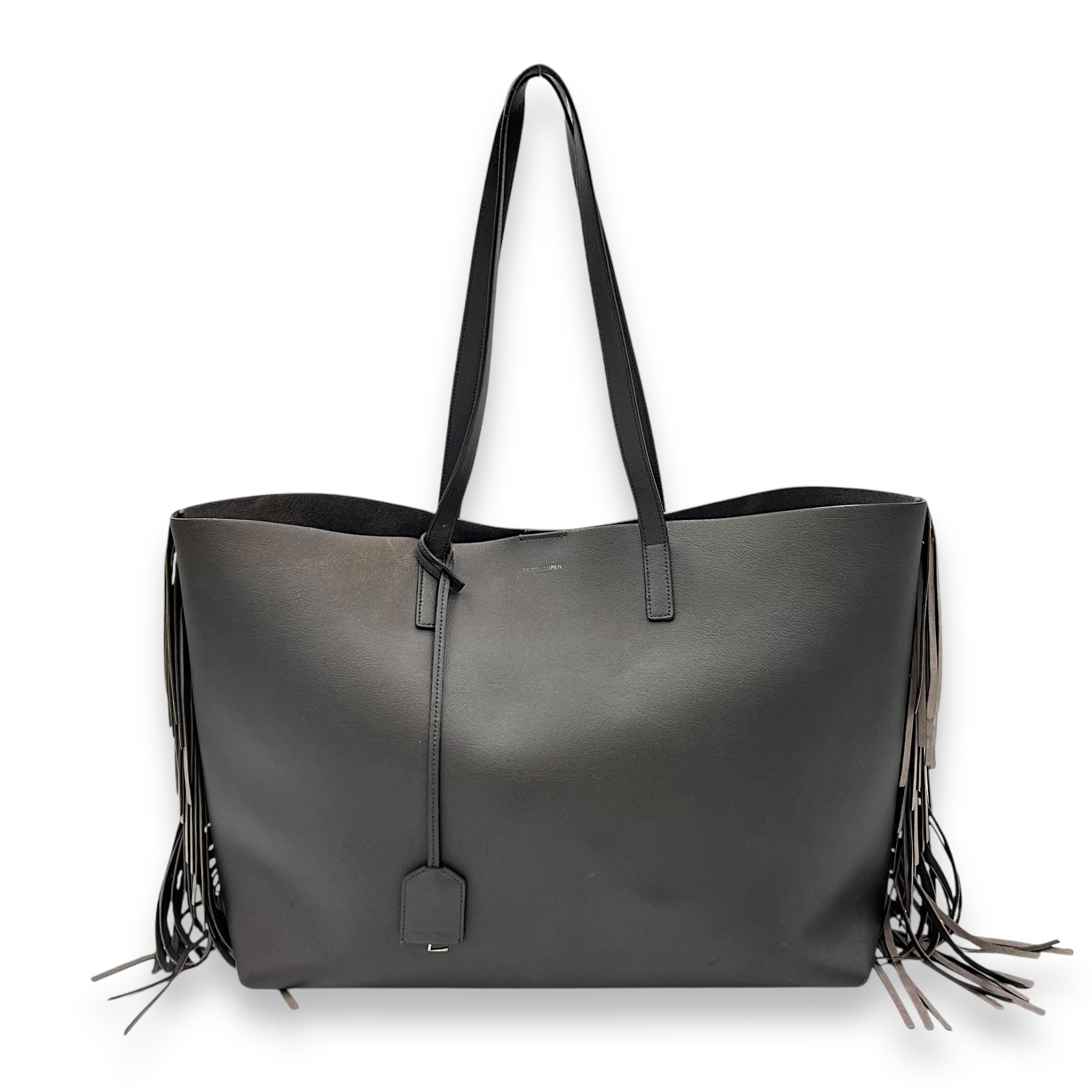 Saint Laurent East West Shopping Fringe Tote Bag Grey in Calfskin, Silver hardware_1