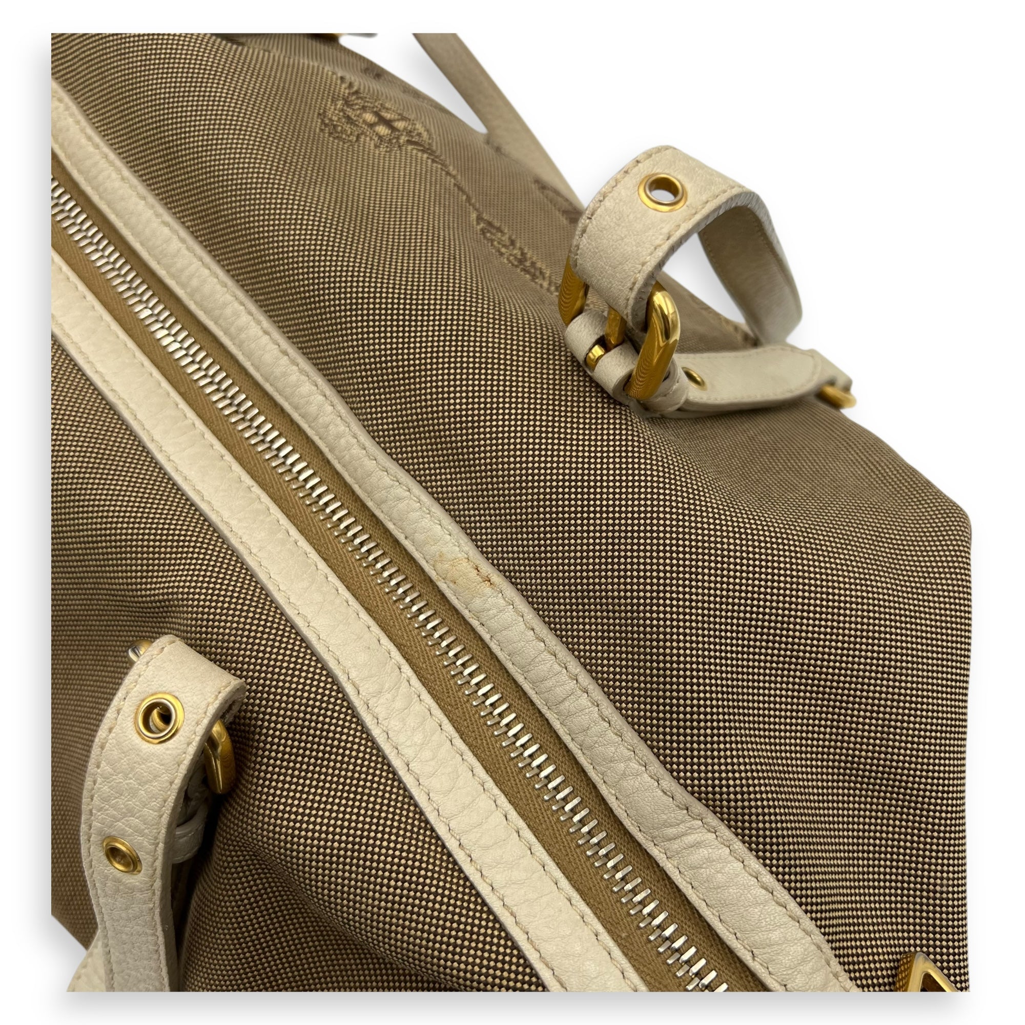 Prada Logo Tote Bag Beige in Canvas, Gold hardware_9