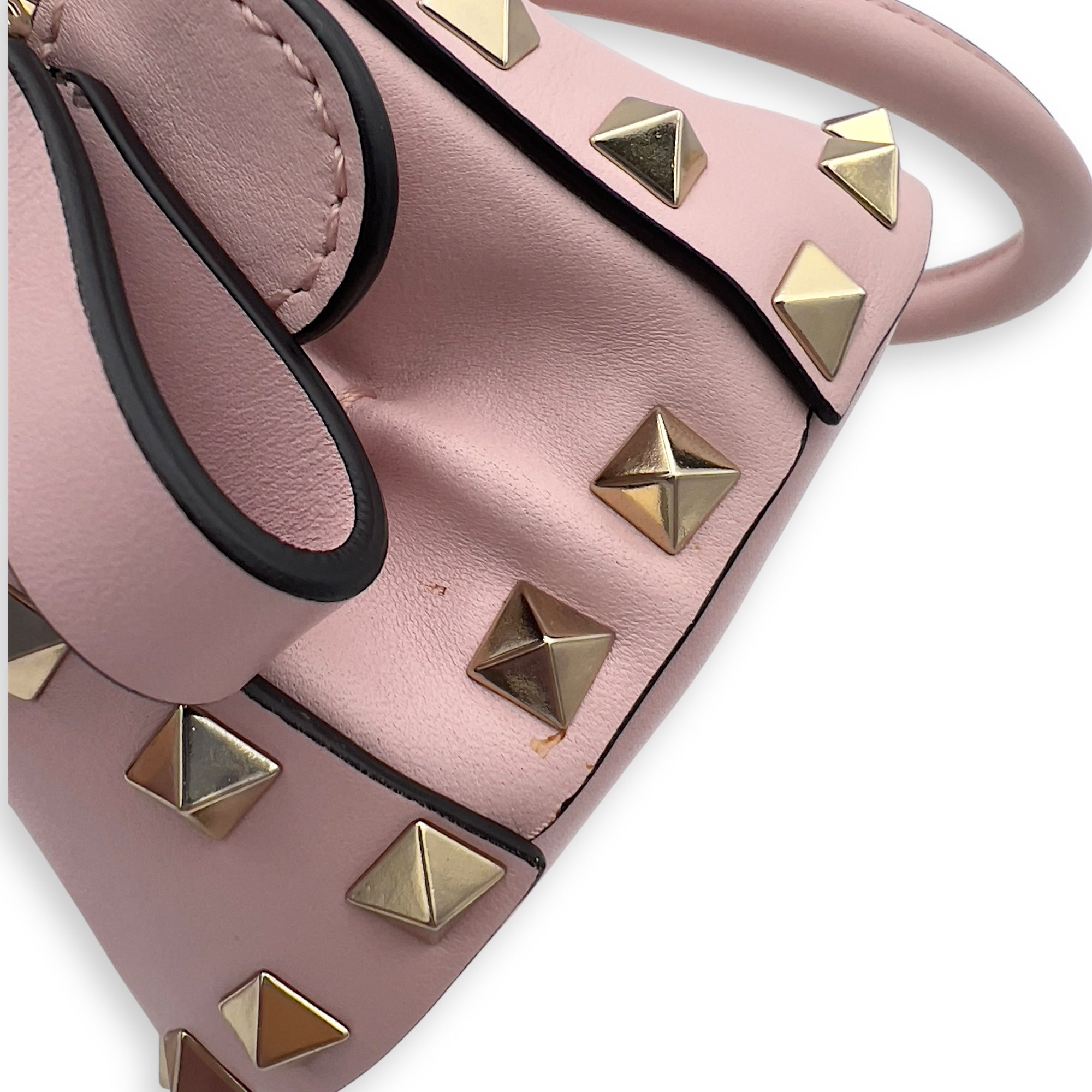 Valentino Rockstud Top Handle Bag Pink in Calfskin, Gold hardware_11