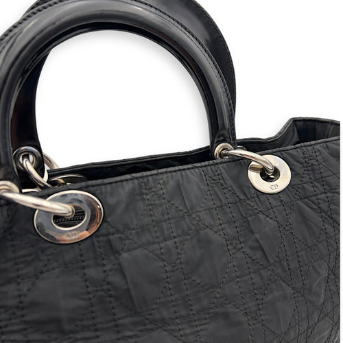 Christian Dior Lady Dior Black Top Handle Bag in Nylon, Silver hardware_11