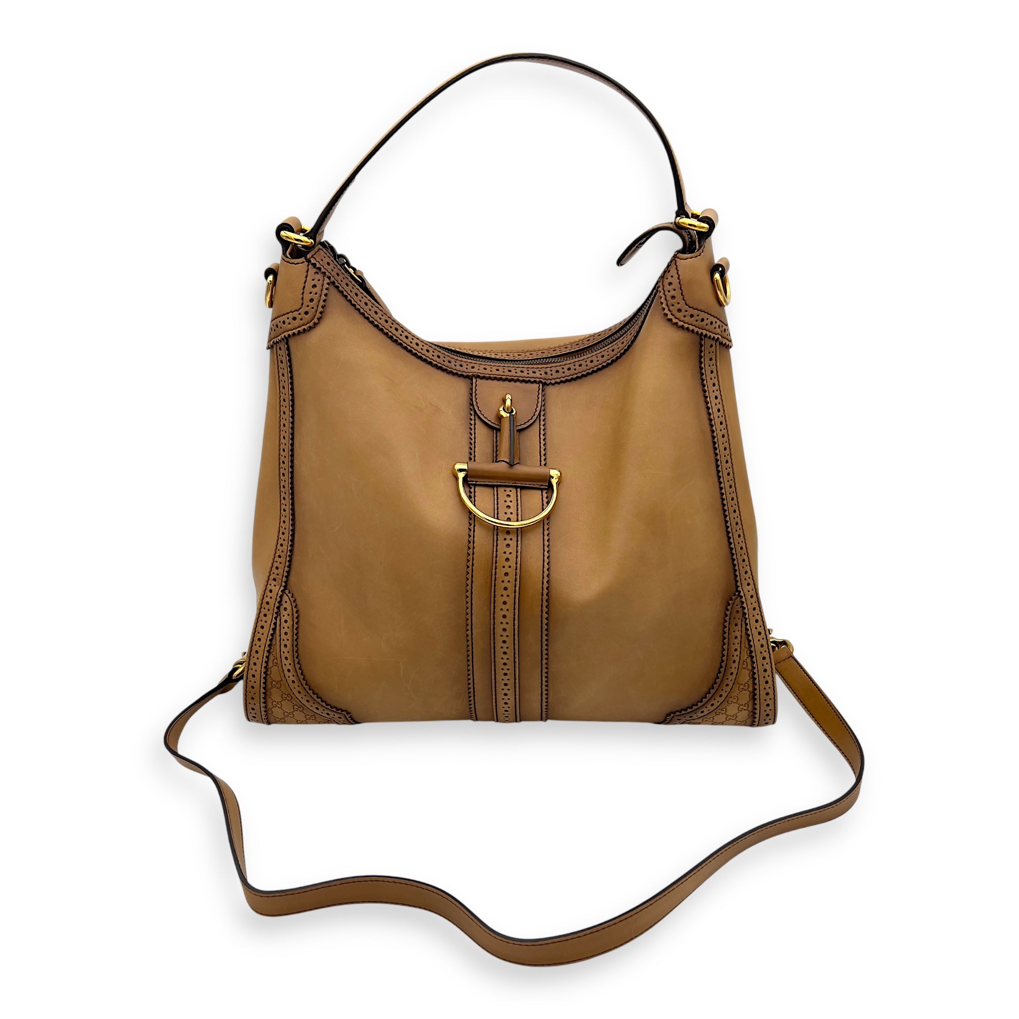 Gucci Duilio Brogue Shoulder Bag Brown in Calfskin, Gold hardware_5