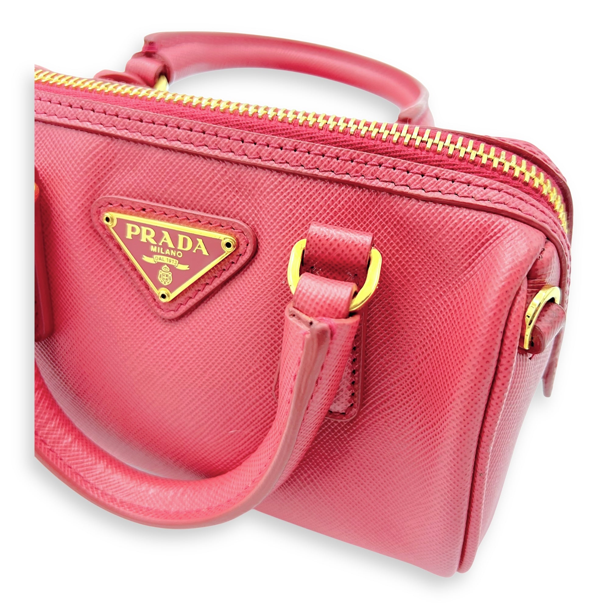 Prada Convertible Bowler Boston Mini Pink Top Handle Bag in Saffiano Leather, Gold hardware_9