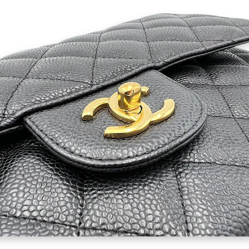 Chanel Classic Double Flap Jumbo Black Shoulder Bag in Caviar Leather, Gold hardware_8