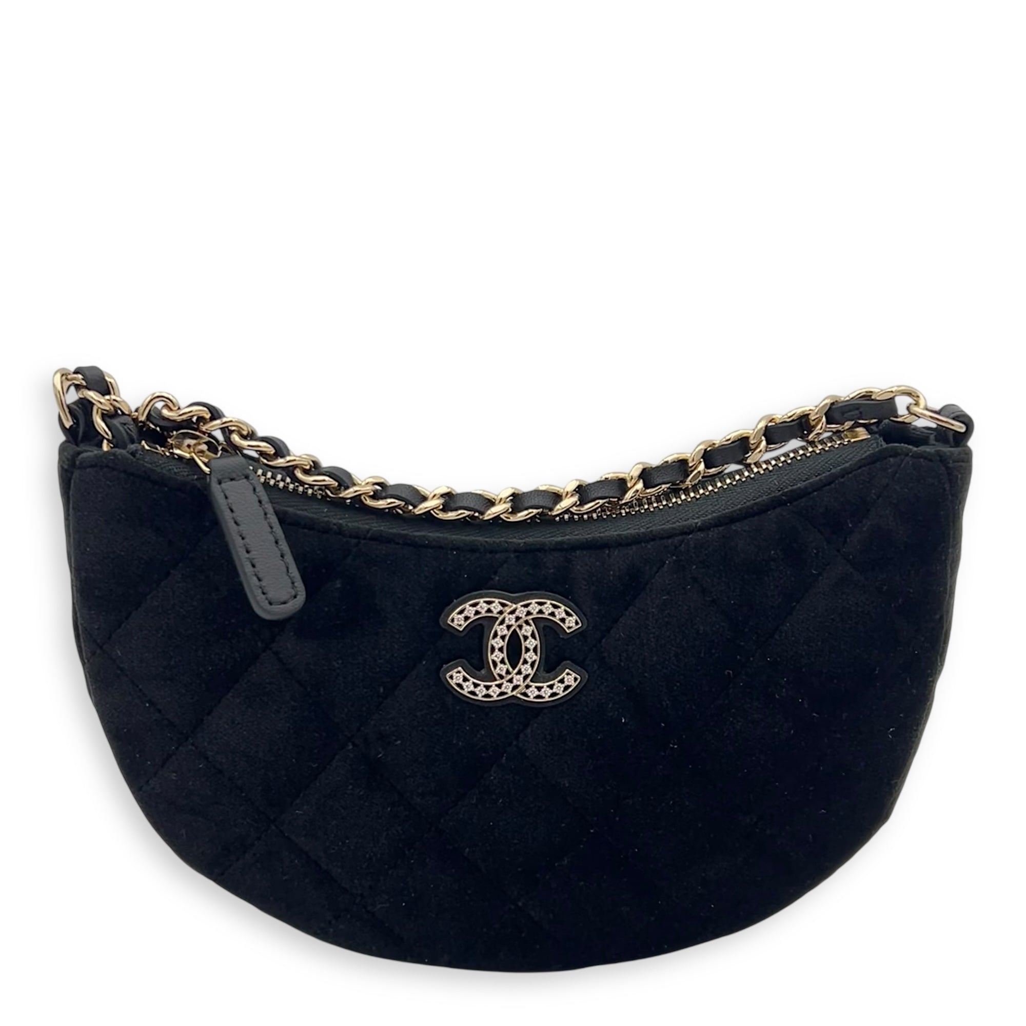 Chanel VIP Gift Crystal Quilted Black Crossbody Bag in Velvet, Gold hardware_1