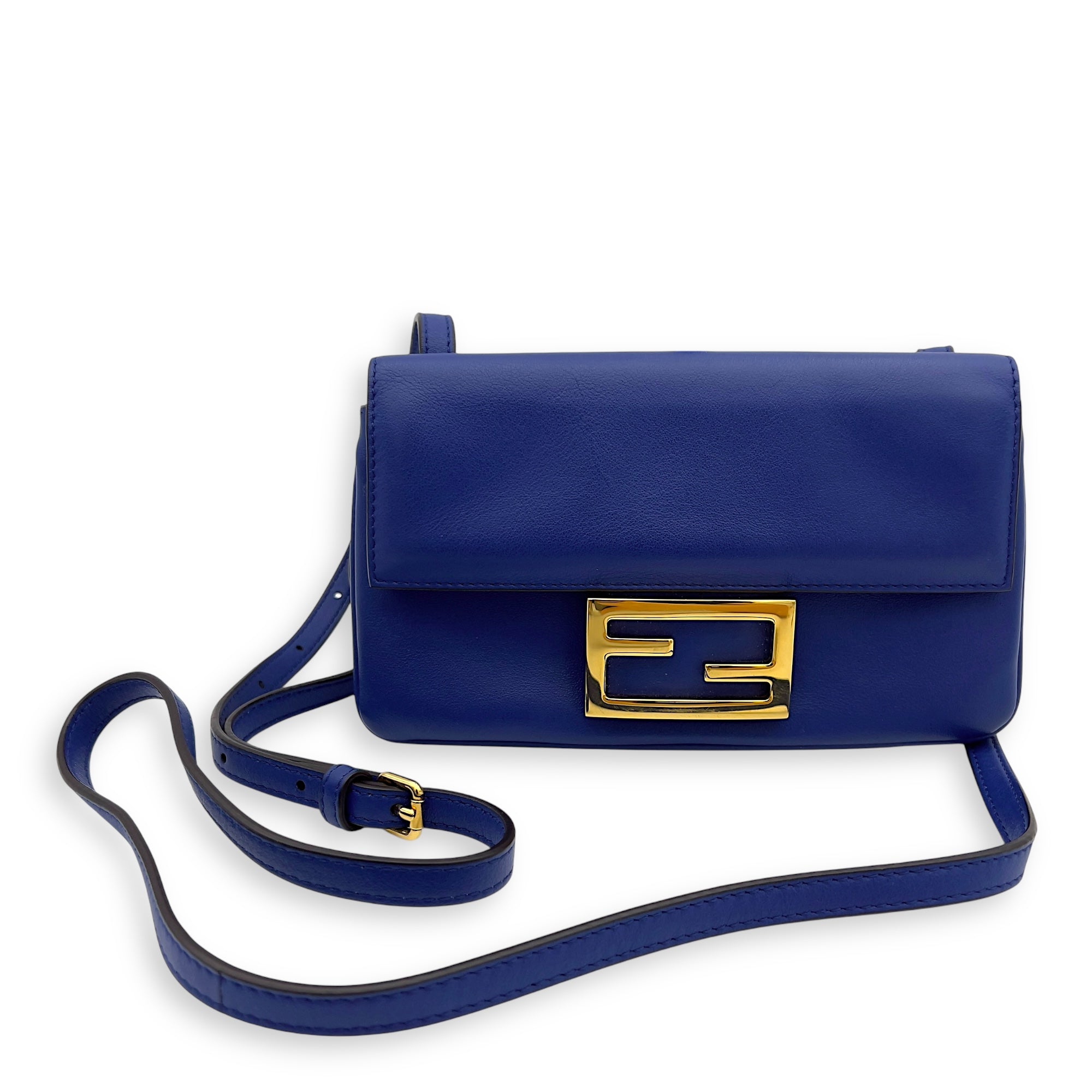 Fendi Baguette Blue Crossbody Bag in Calfskin, Gold hardware_5