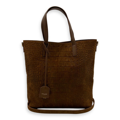 Saint Laurent Shopping Tote Bag Brown in Suede Leather, Gold hardware_9