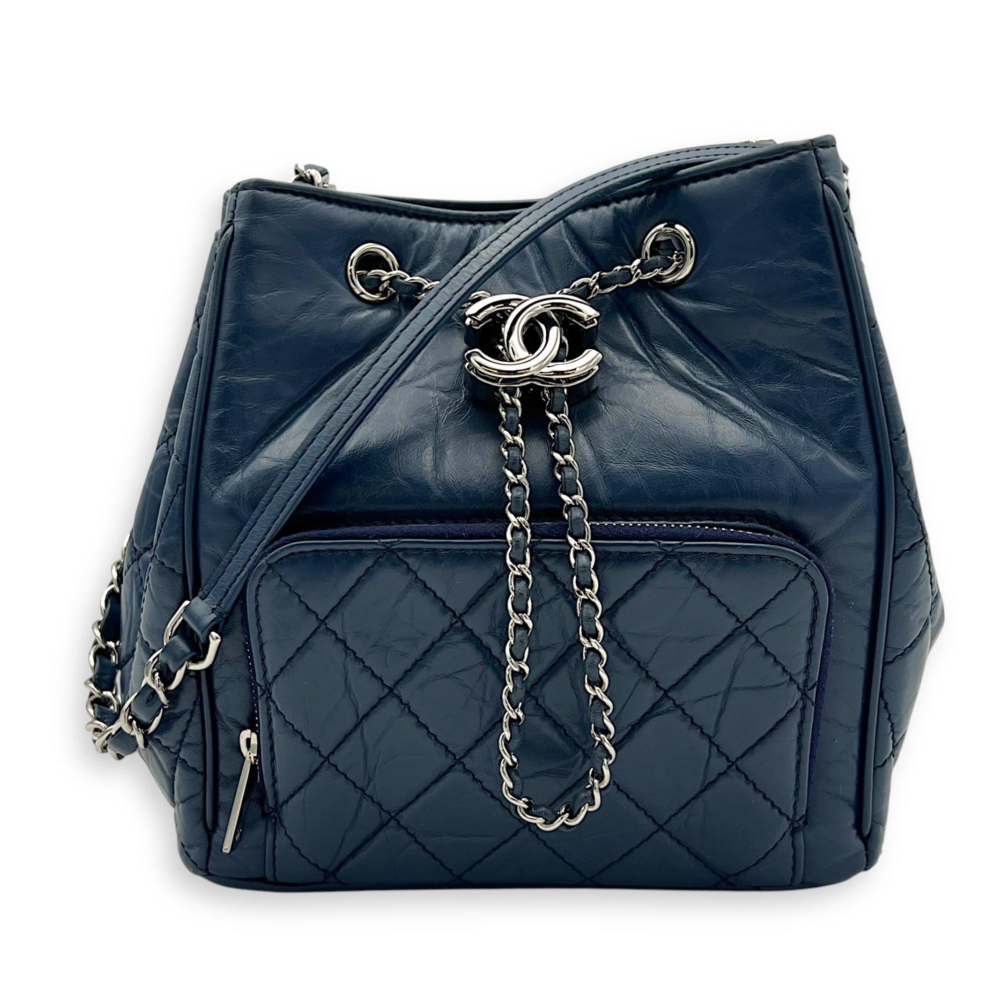 Chanel Quilted Seasonal Bucket Bag Blue in Calfskin, Gold hardware_10