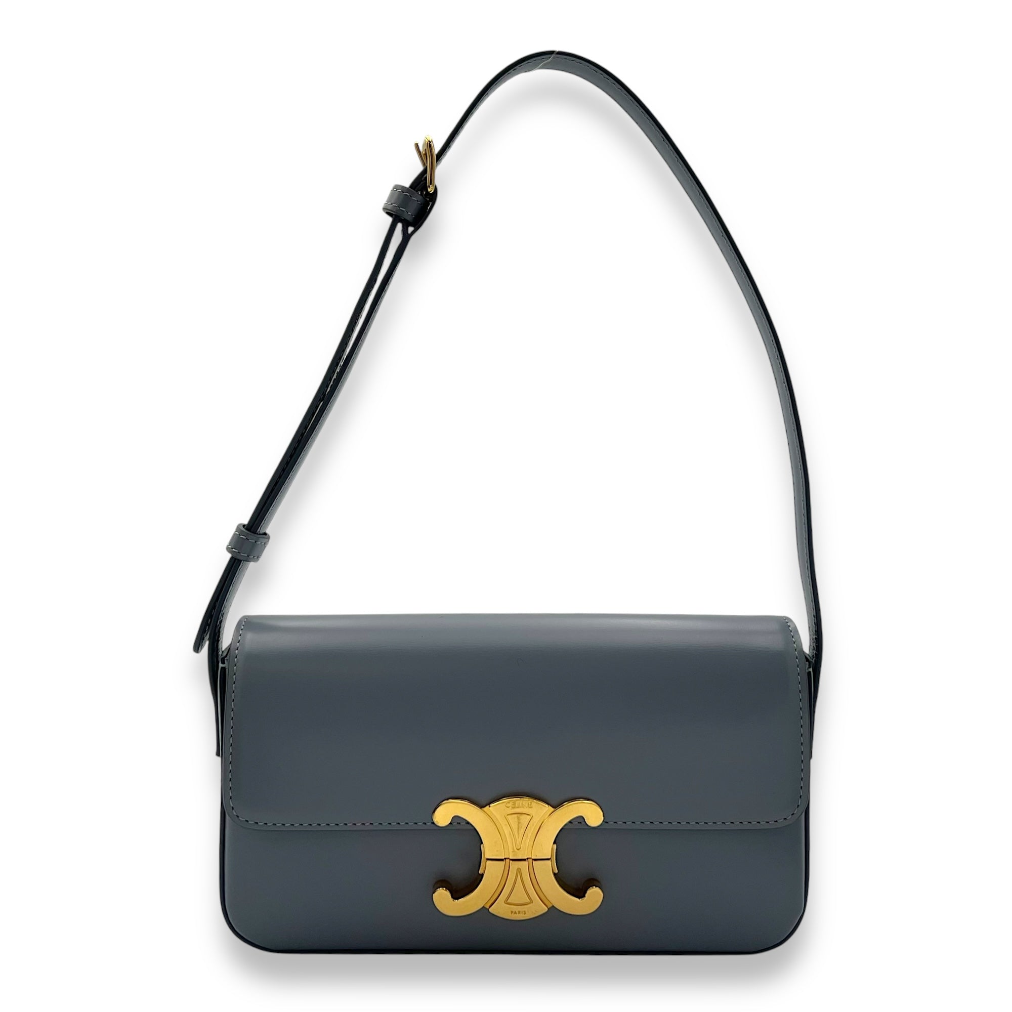 Celine Triomphe Shoulder Bag Blue Grey in Calfskin, Gold hardware_9
