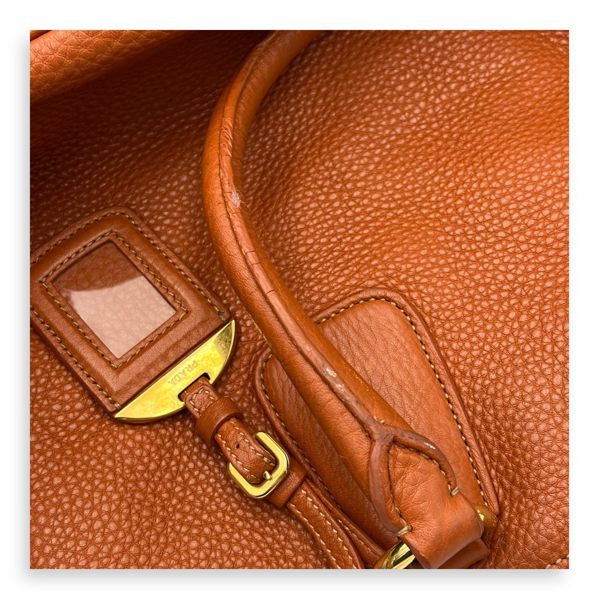 Prada Logo Top Handle Bag Orange in Calfskin, Gold hardware_9