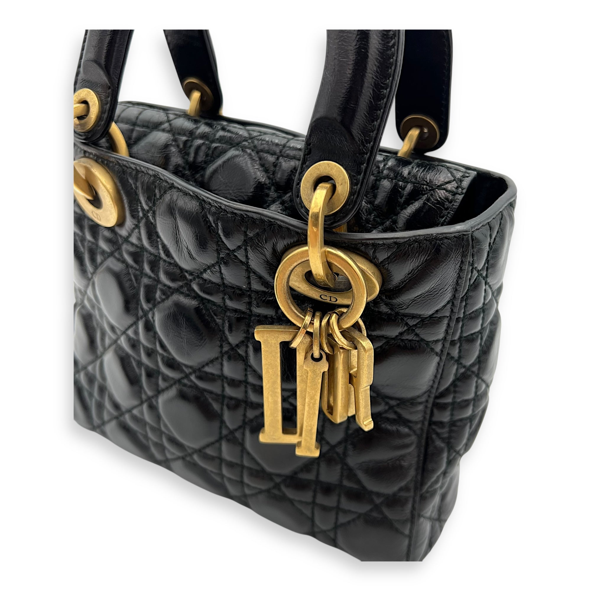 Christian Dior Lady Dior Top Handle Bag Small Black in Calfskin, Gold hardware_7