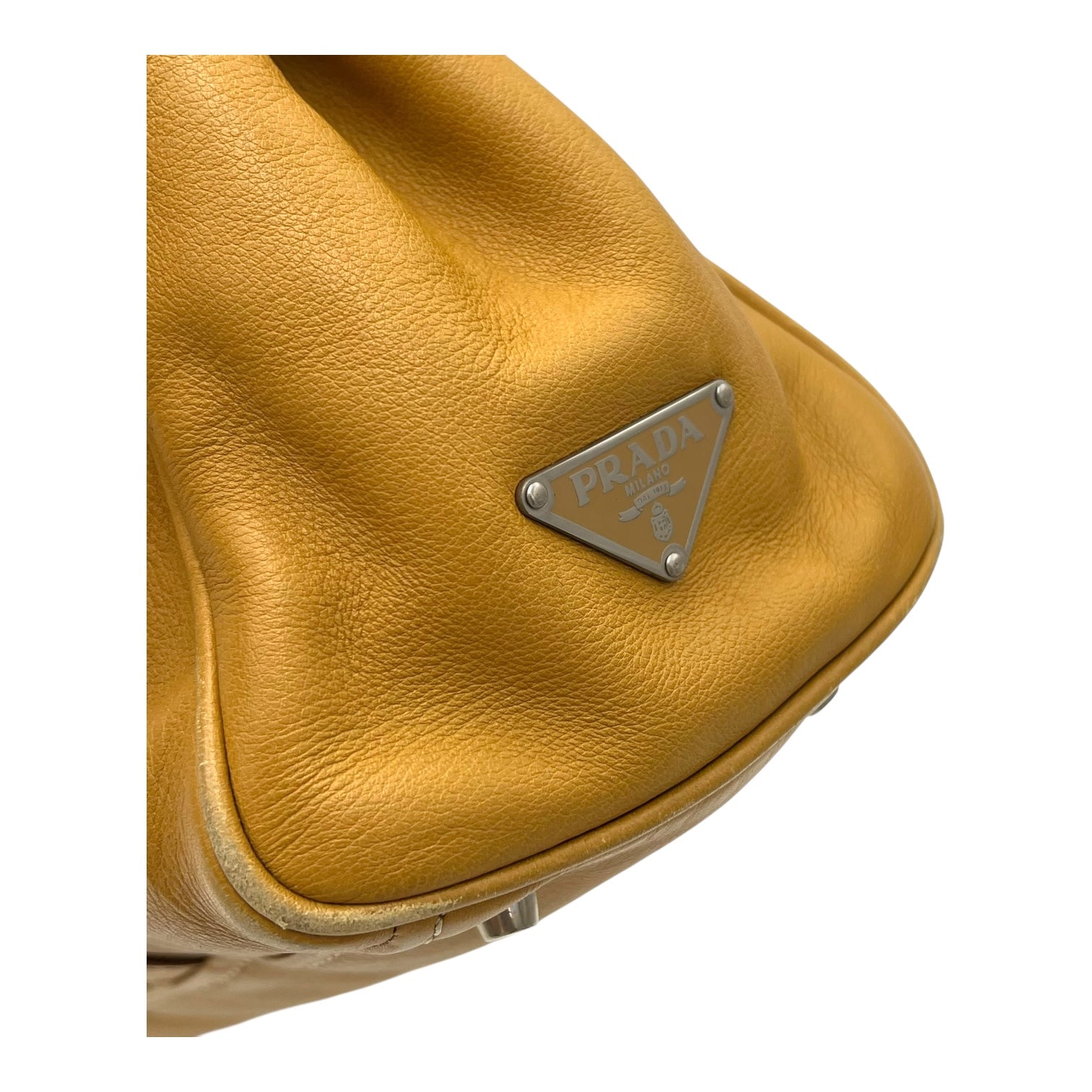 Prada Logo Shoulder Bag Yellow in Calfskin, Silver hardware_9