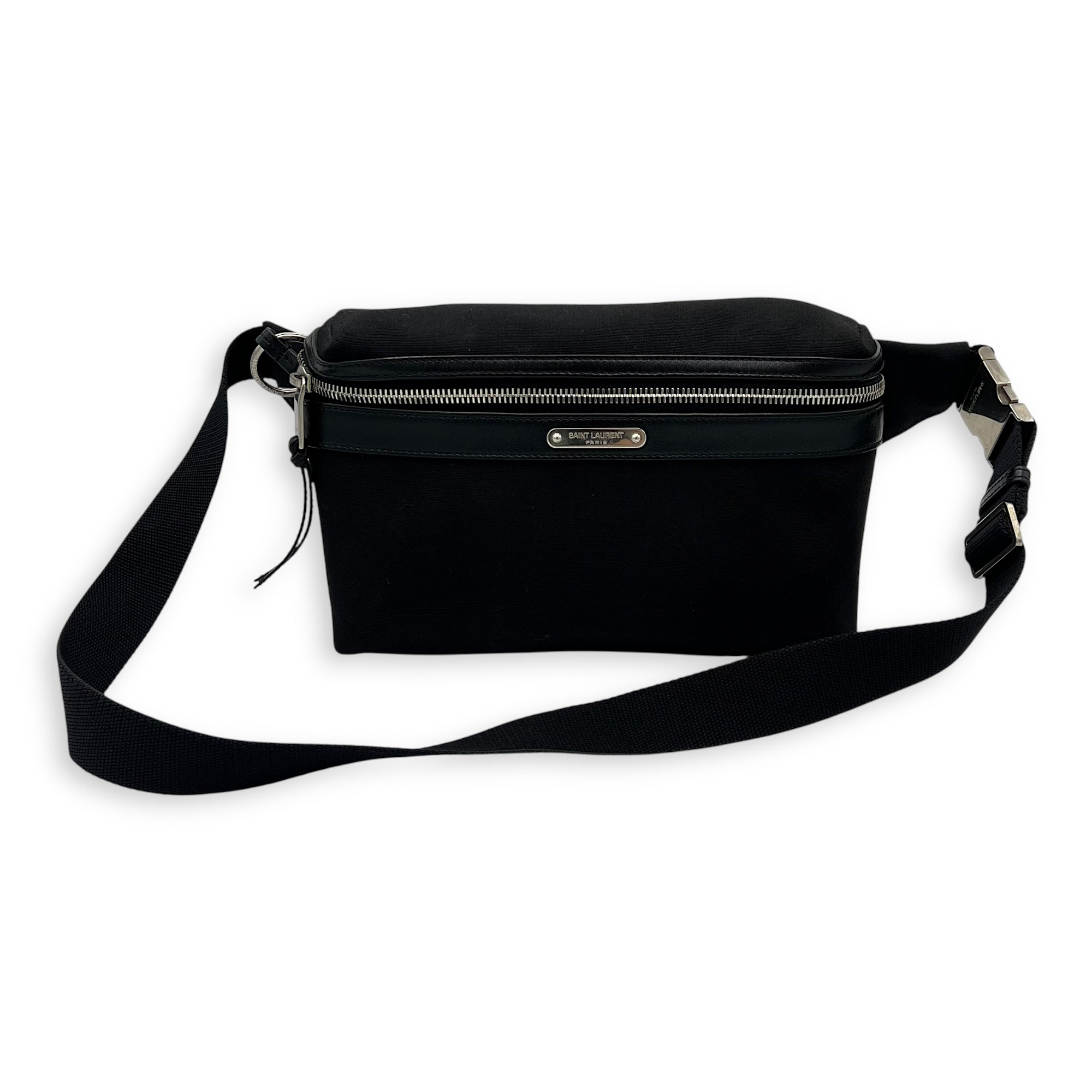 Saint Laurent City Belt Bag Black in Canvas, Silver hardware_10