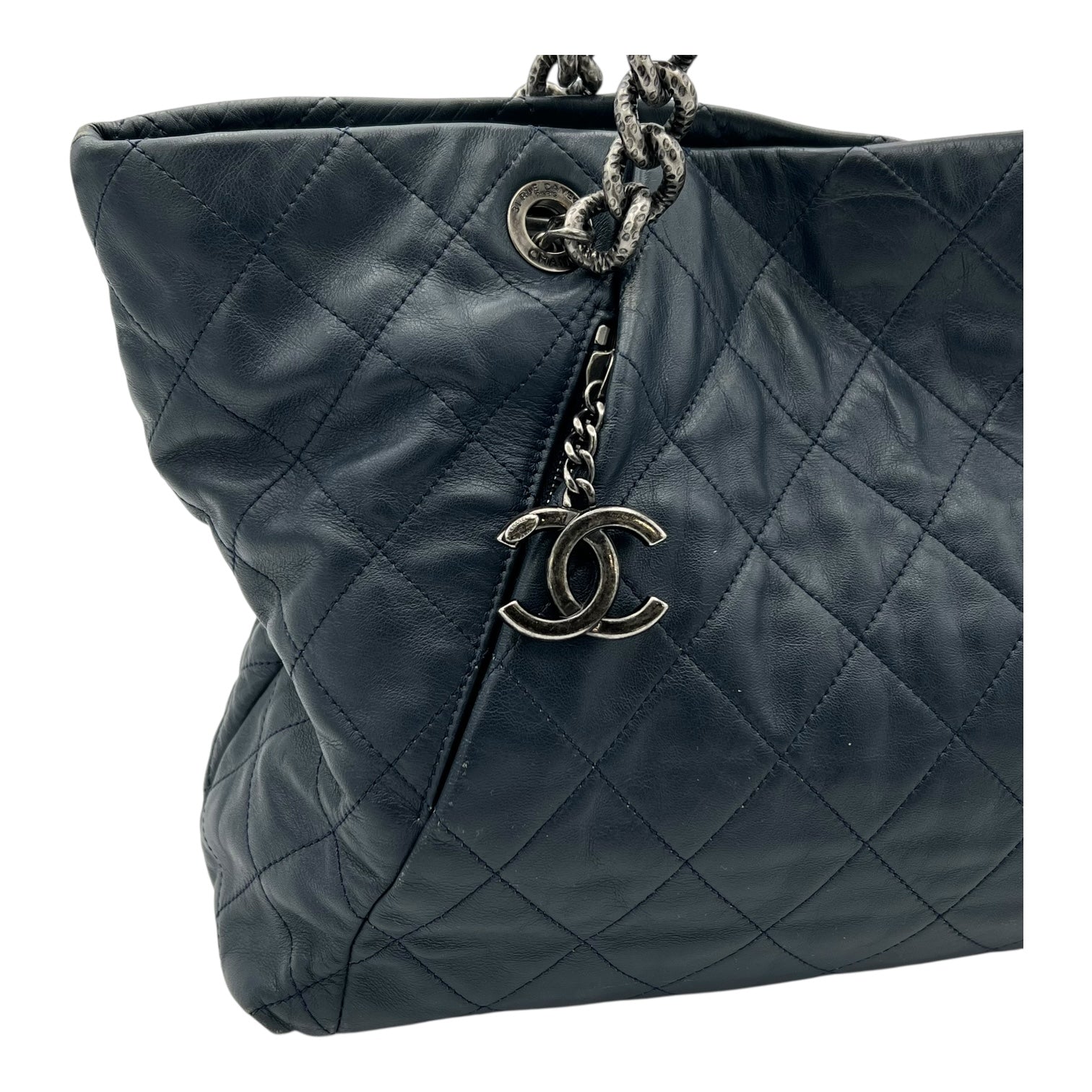Chanel CC Shoulder Bag Blue in Calfskin, Ruthenium hardware_10