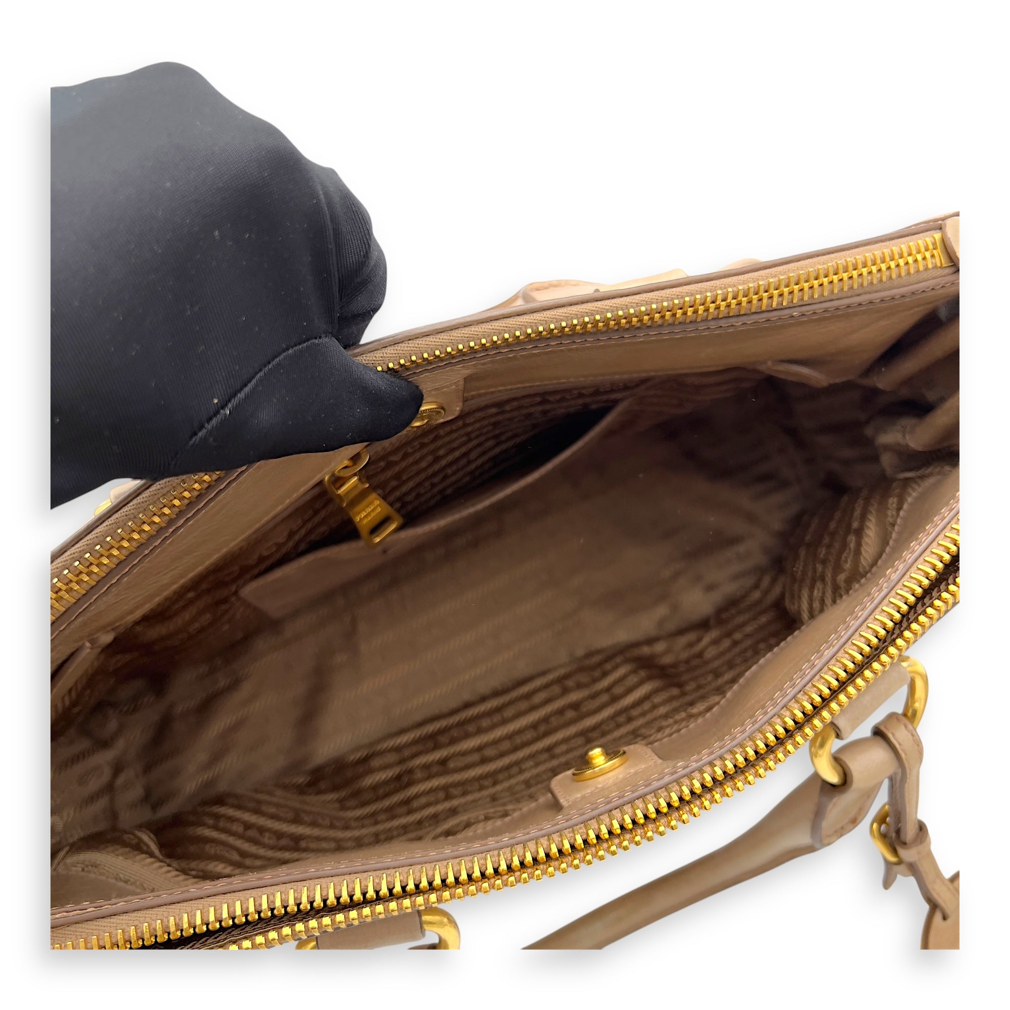 Prada Logo Top Handle Bag Beige in Calfskin, Gold hardware_9