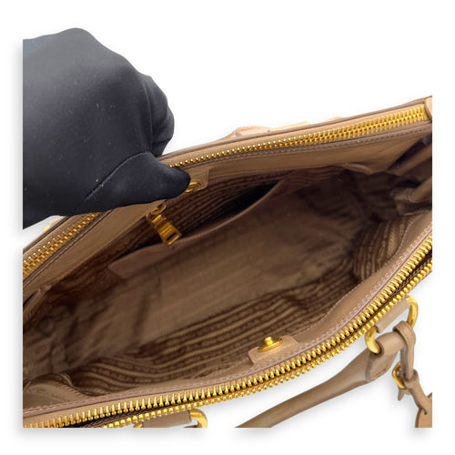 Prada Logo Top Handle Bag Beige in Calfskin, Gold hardware_9