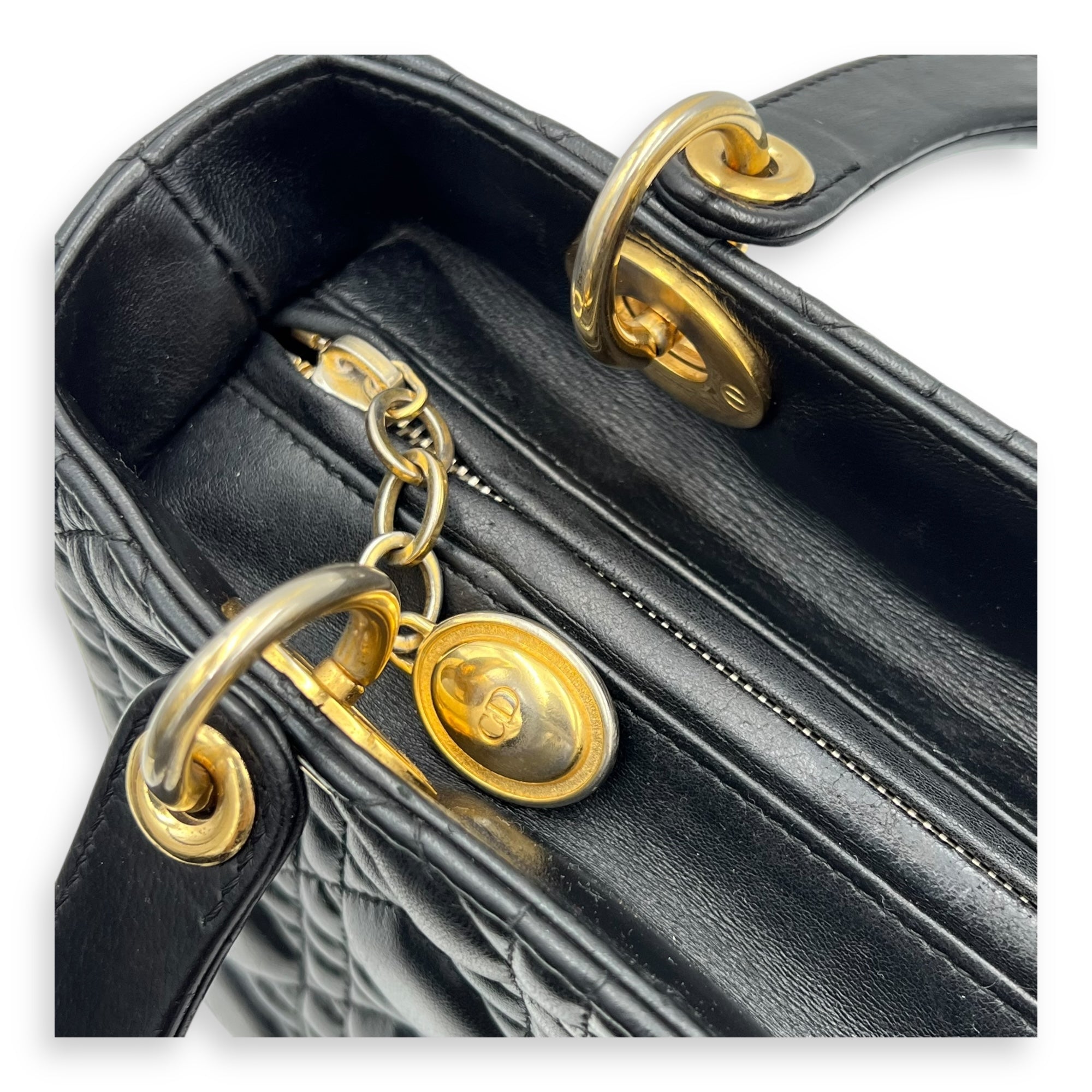 Christian Dior Lady Dior Top Handle Bag Black in Lambskin, Gold hardware_9