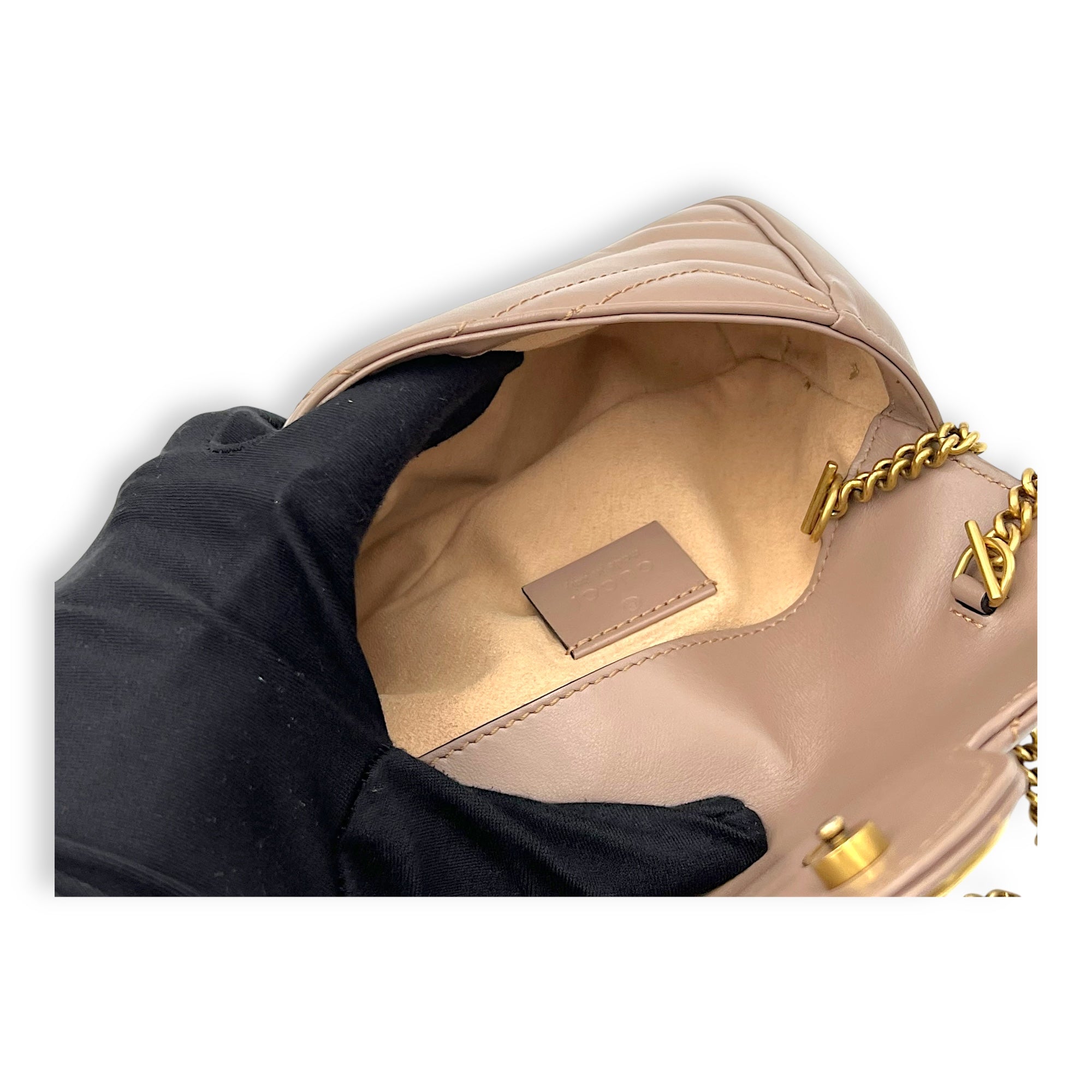 Gucci GG Marmont Shoulder Bag Super Mini Beige in Calfskin, Gold hardware_9