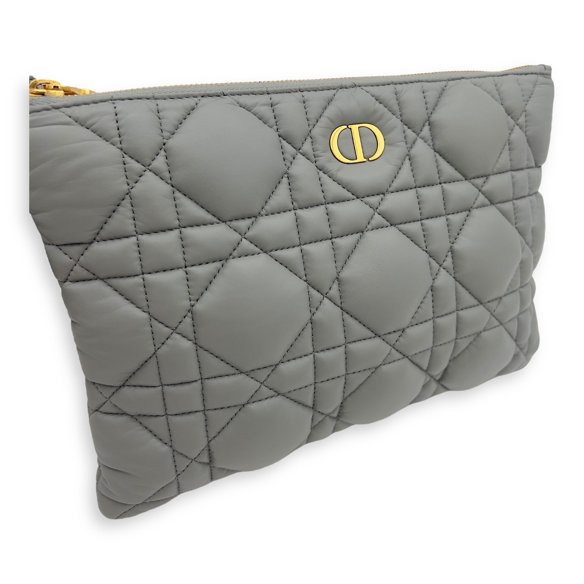 Christian Dior Caro Pouch Grey in Cannage Quilted Padded, Gold hardware_9