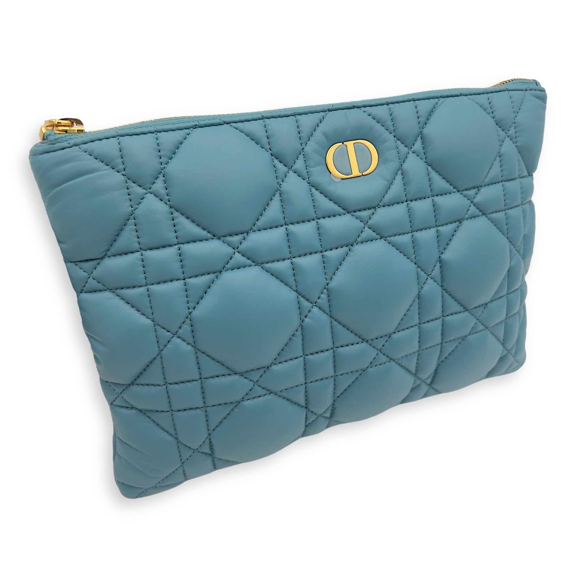 Christian Dior Caro Pouch Blue in Cannage Quilted Padded, Gold hardware_7