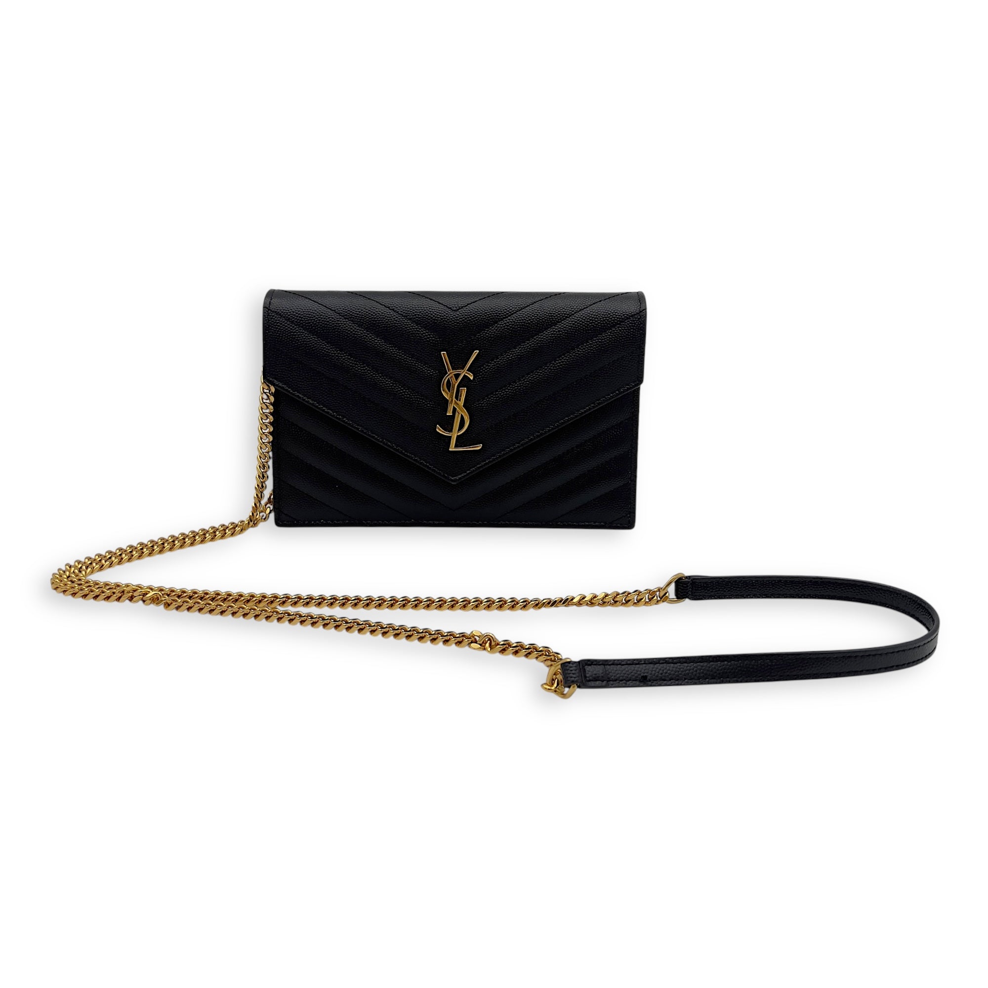 Saint Laurent Cassandra Wallet On Chain Black in Caviar Leather, Gold hardware_7